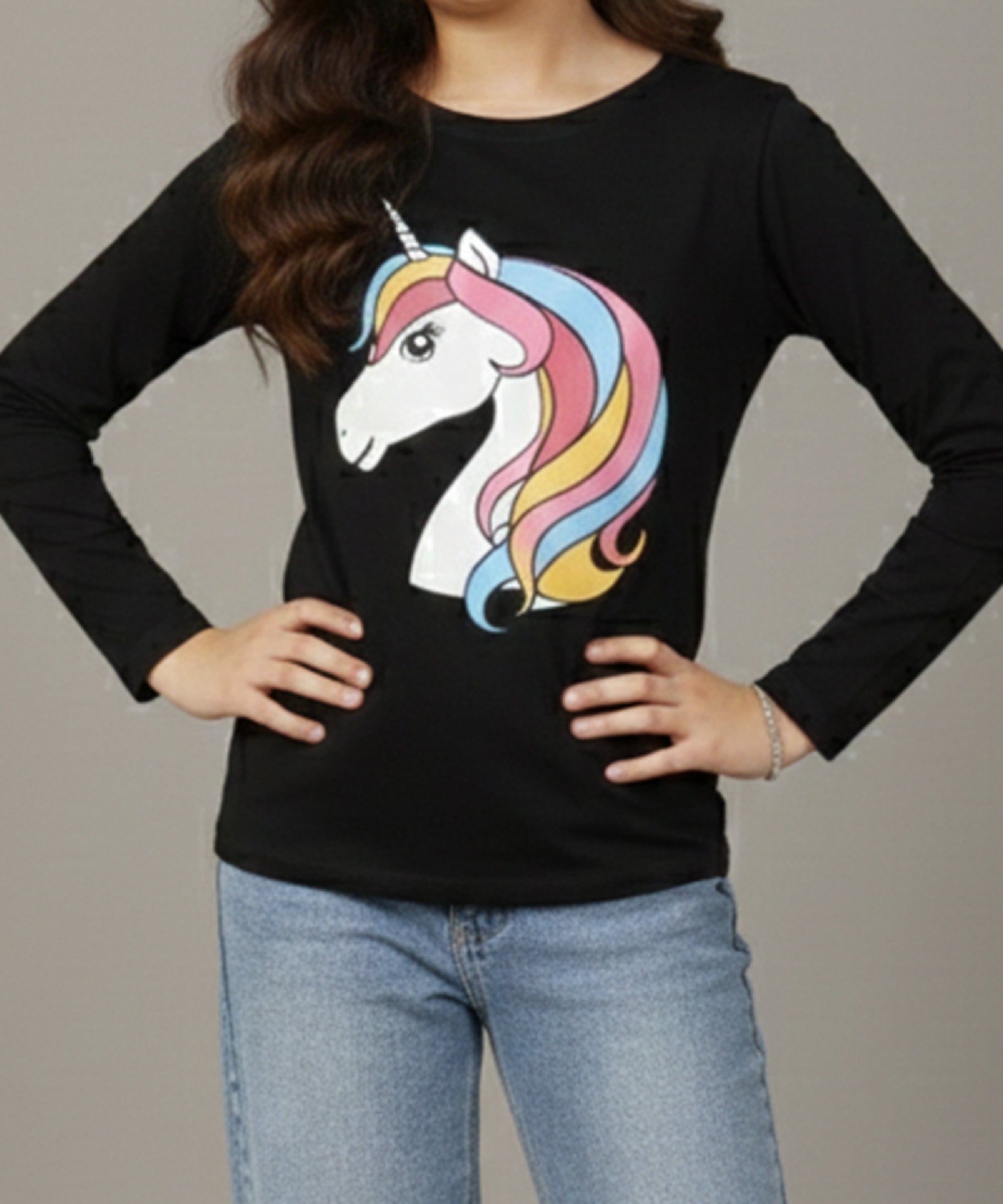 Girls Printed Full Sleeve Premium T-shirt | Black