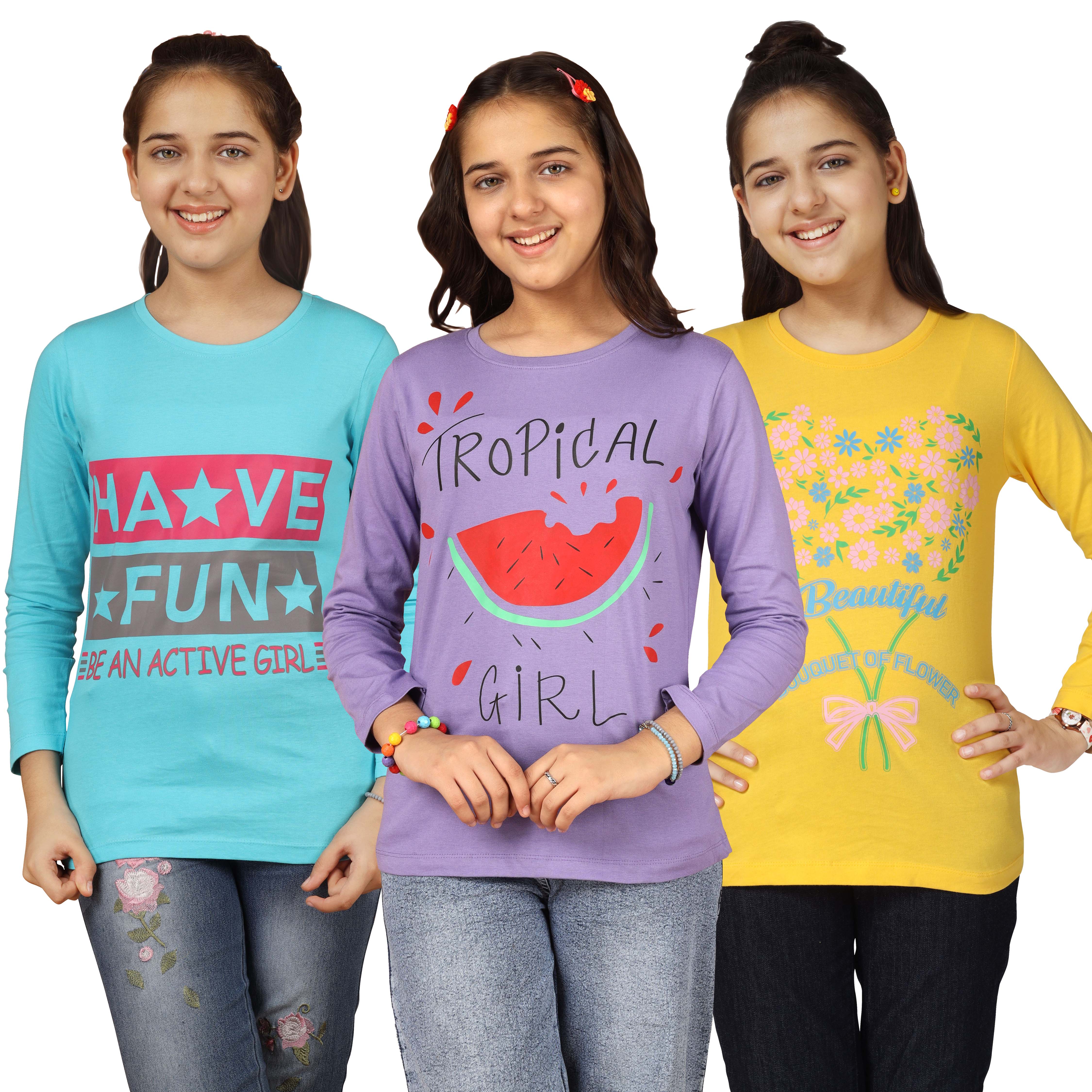 Girls Cotton Full Sleeve Printed T-Shirt (Pack of 3)