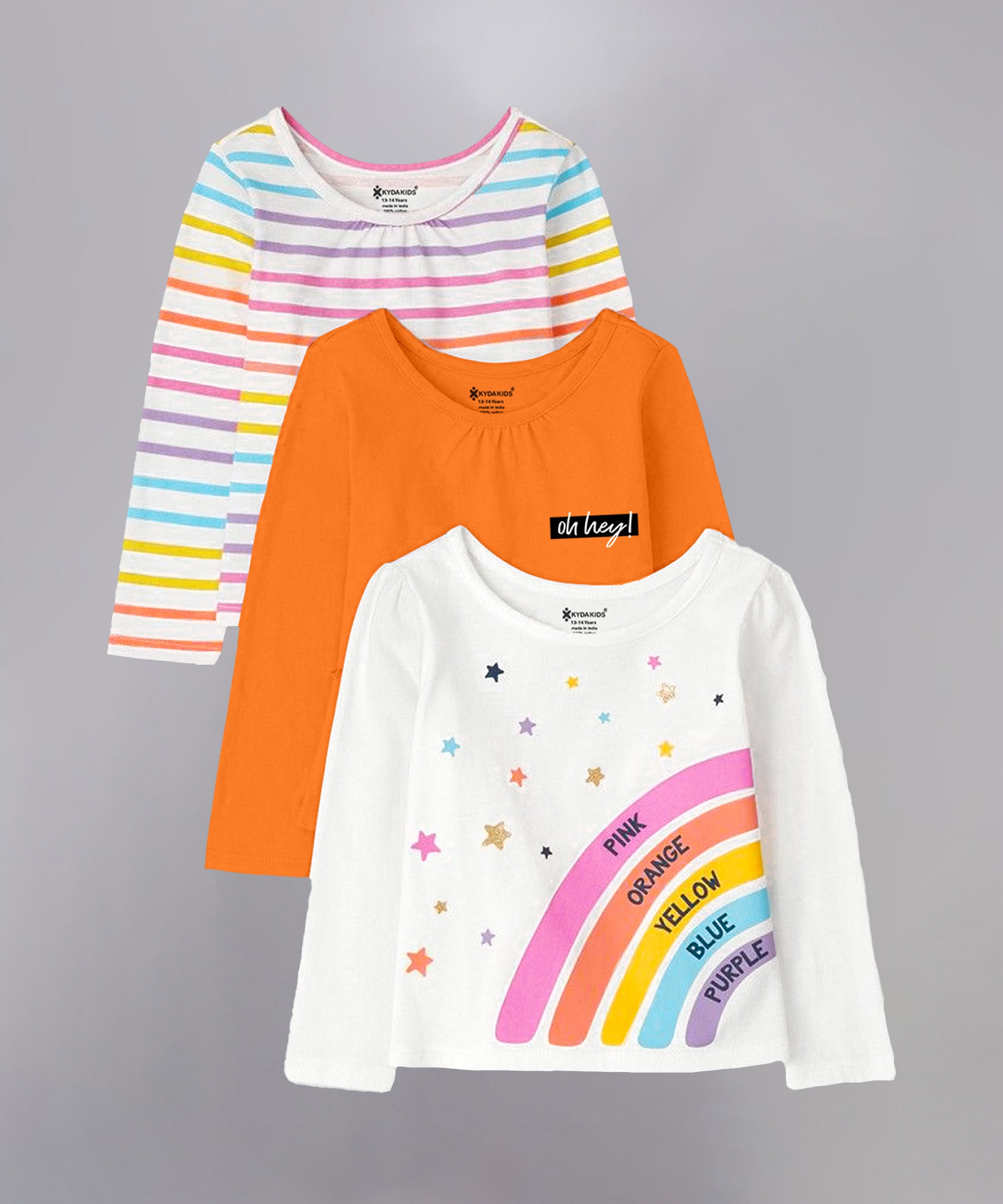 Rainbow Theme | Girls Full Sleeve T-Shirts (Pack of 3)