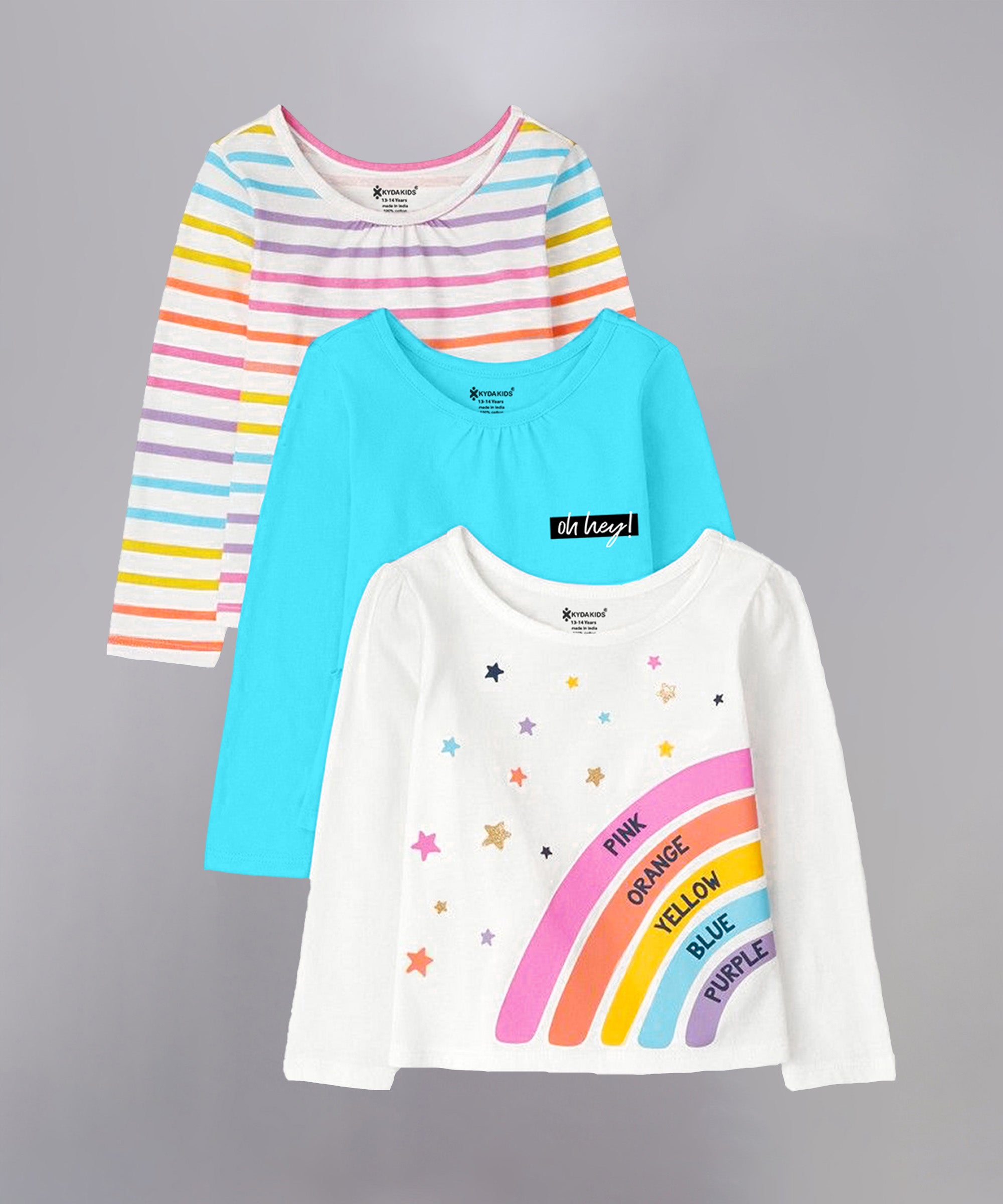 Rainbow Theme | Girls Full Sleeve T-Shirts (Pack of 3)