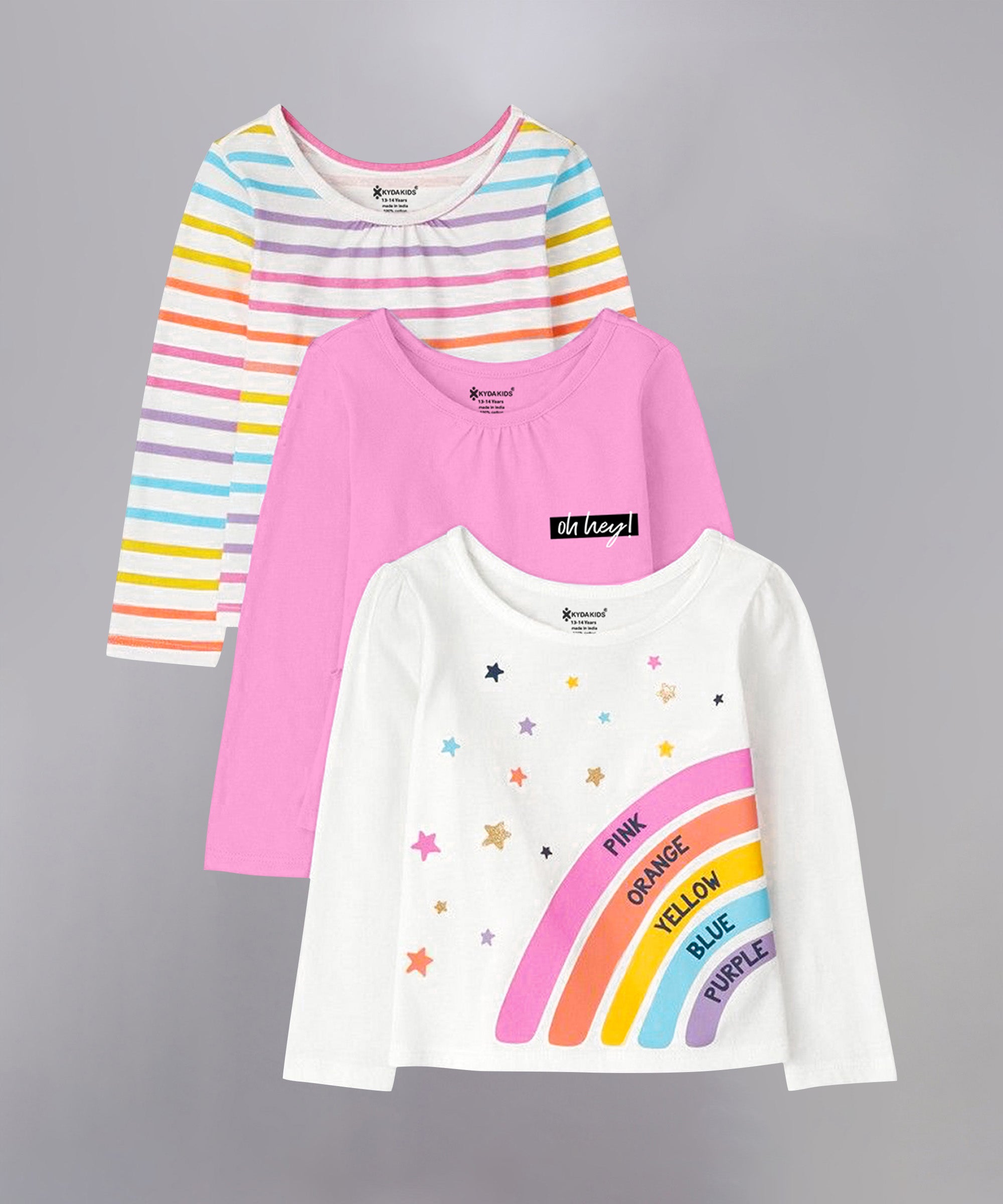 Rainbow Theme | Girls Full Sleeve T-Shirts (Pack of 3)