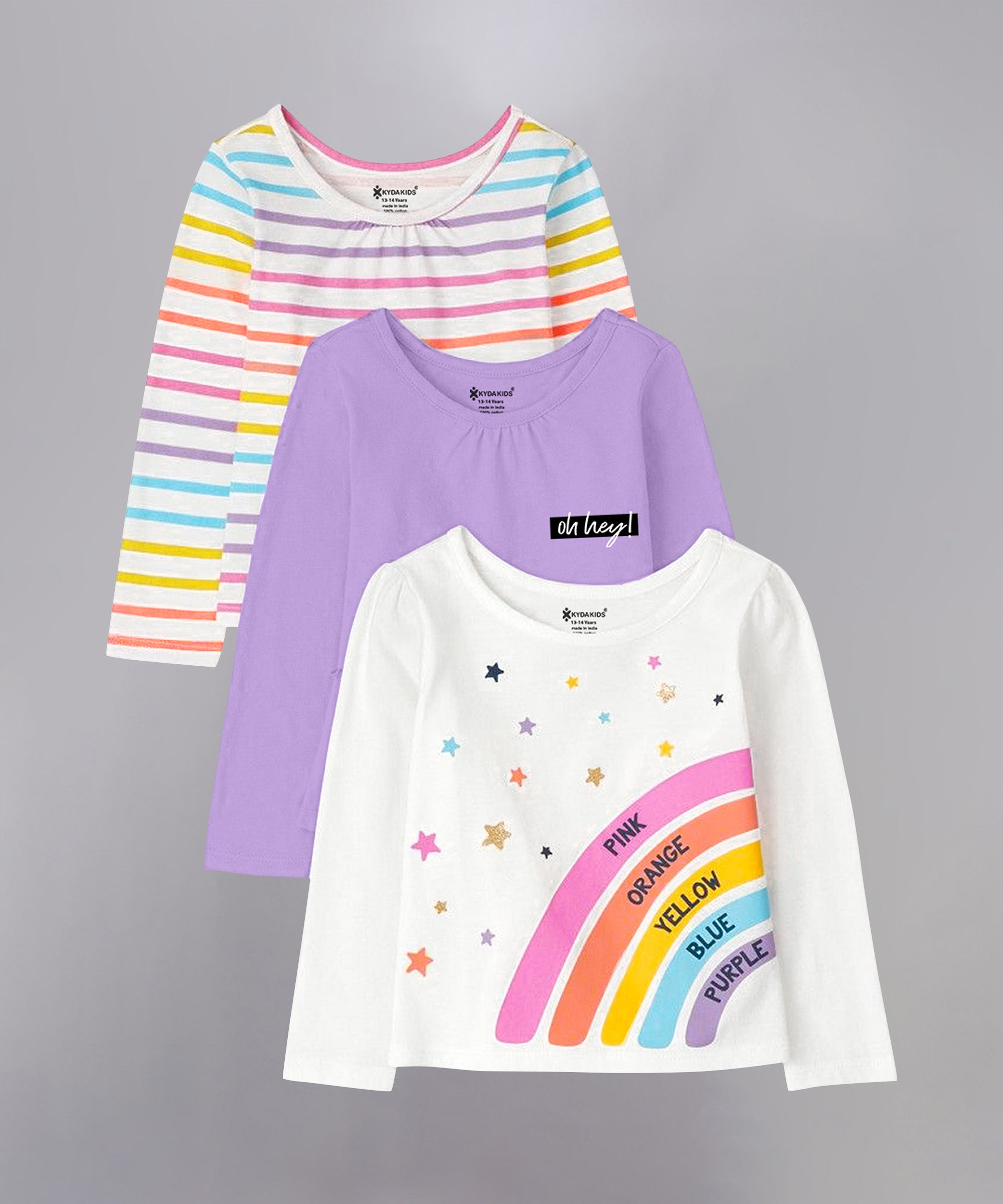 Rainbow Theme | Girls Full Sleeve T-Shirts (Pack of 3)