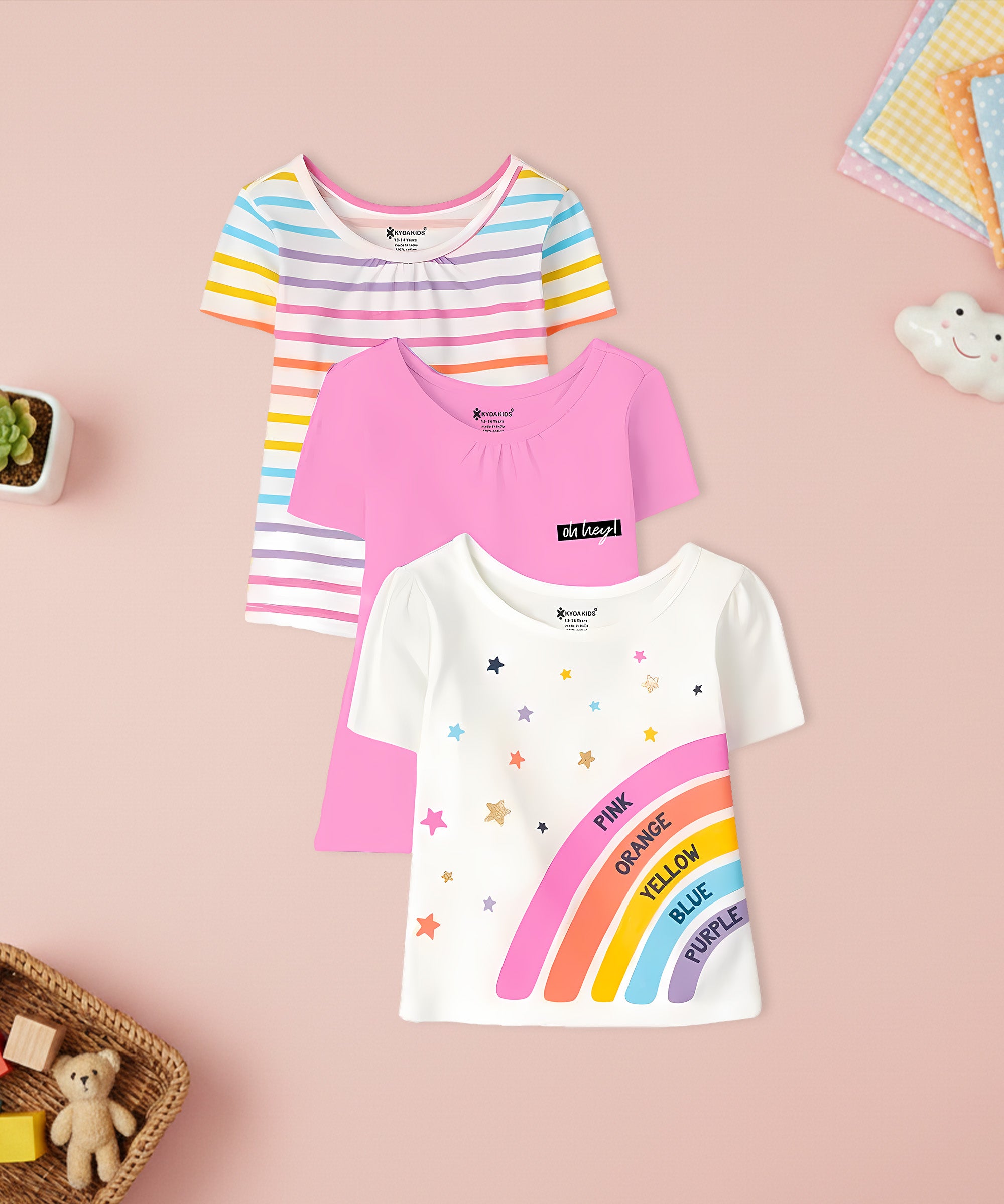 Girls Cotton Full Sleeve Printed Pink Tops (Pack of 3)