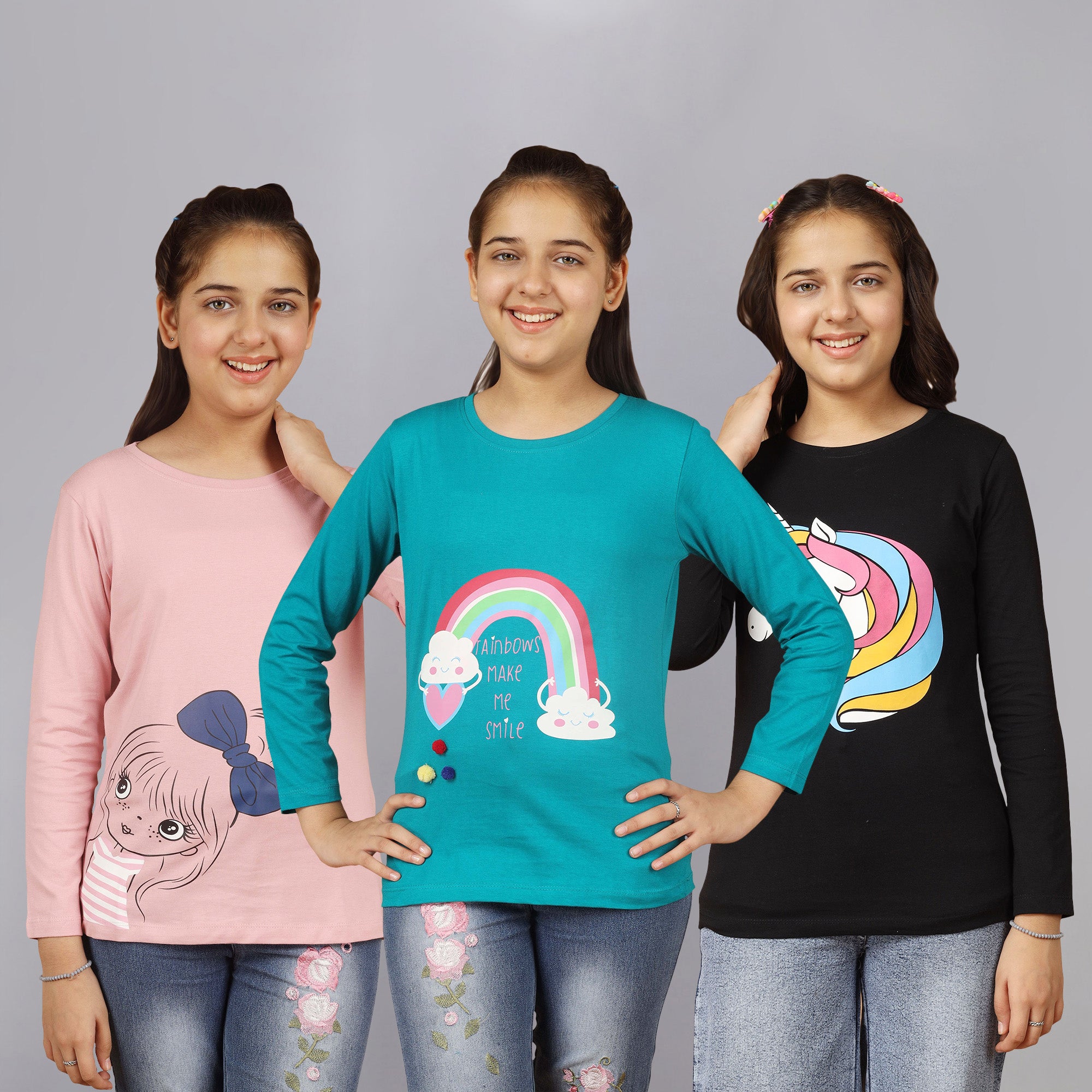 Girls Bio Washed  Full Sleeve T-Shirt (Pack of 3)