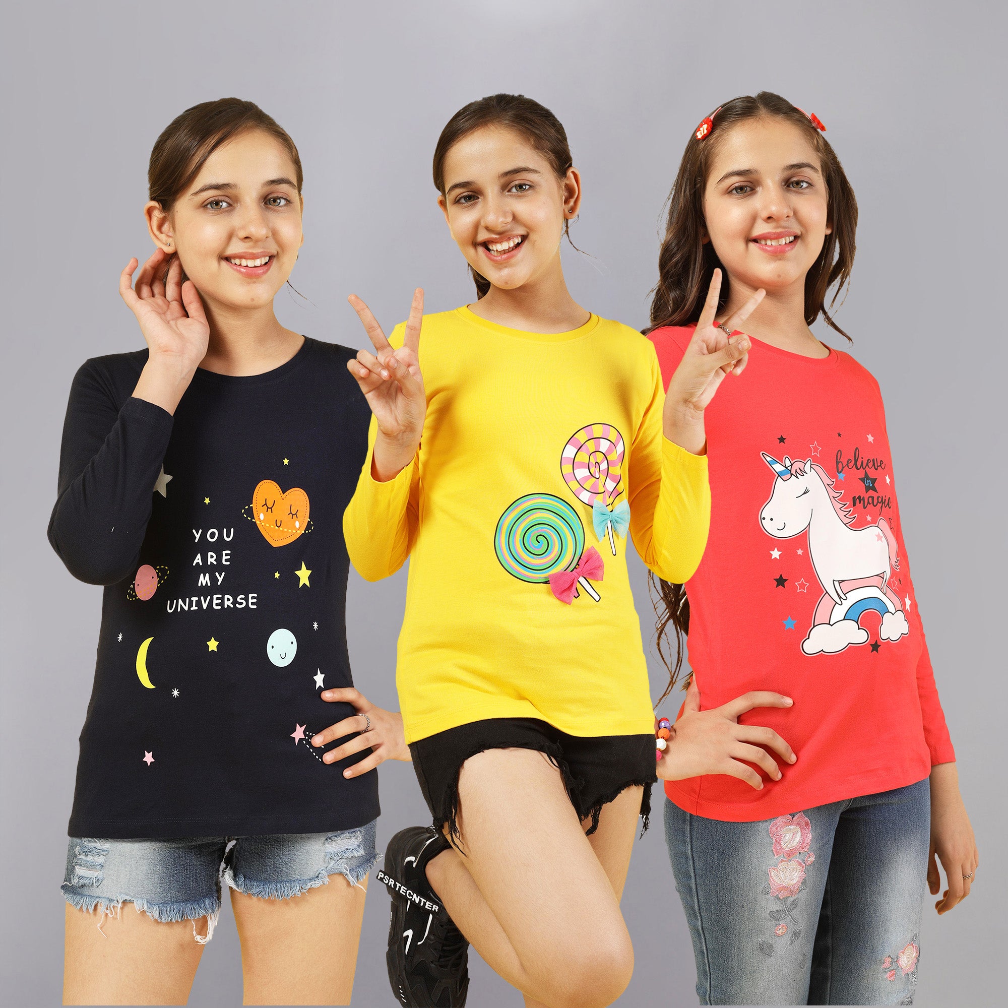 Girls Cotton Printed Full Sleeve T-Shirt - Yellow (Pack of 3)