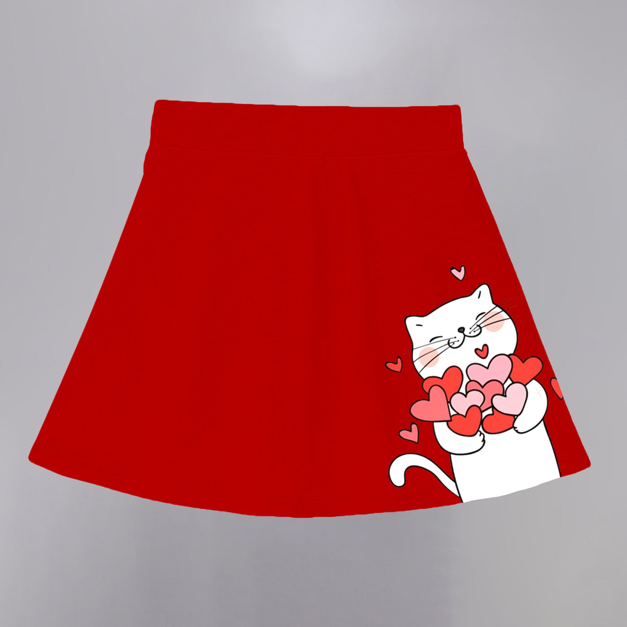 Girls Cotton Printed Skirt Attached With Inner Lycra Shorts-Red