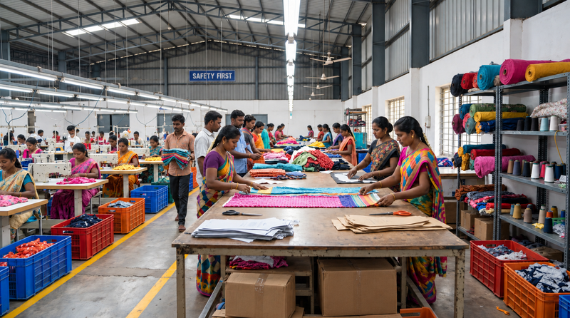 Cutting cotton fabric at the KYDA Kids unit in Tiruppur