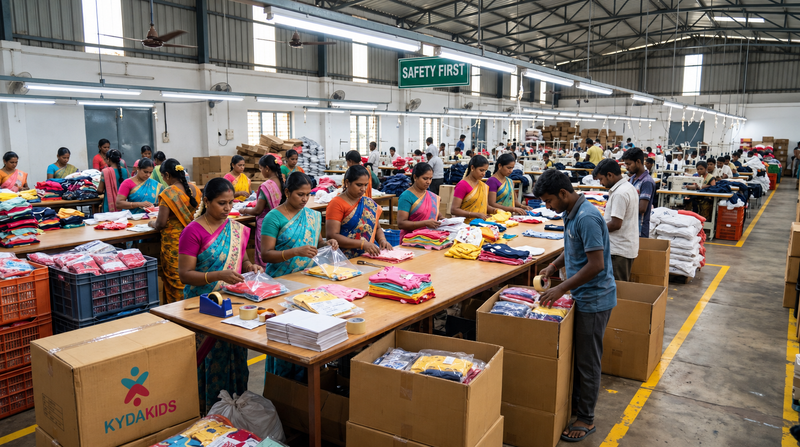 Packing KYDA Kids orders for dispatch in Tiruppur