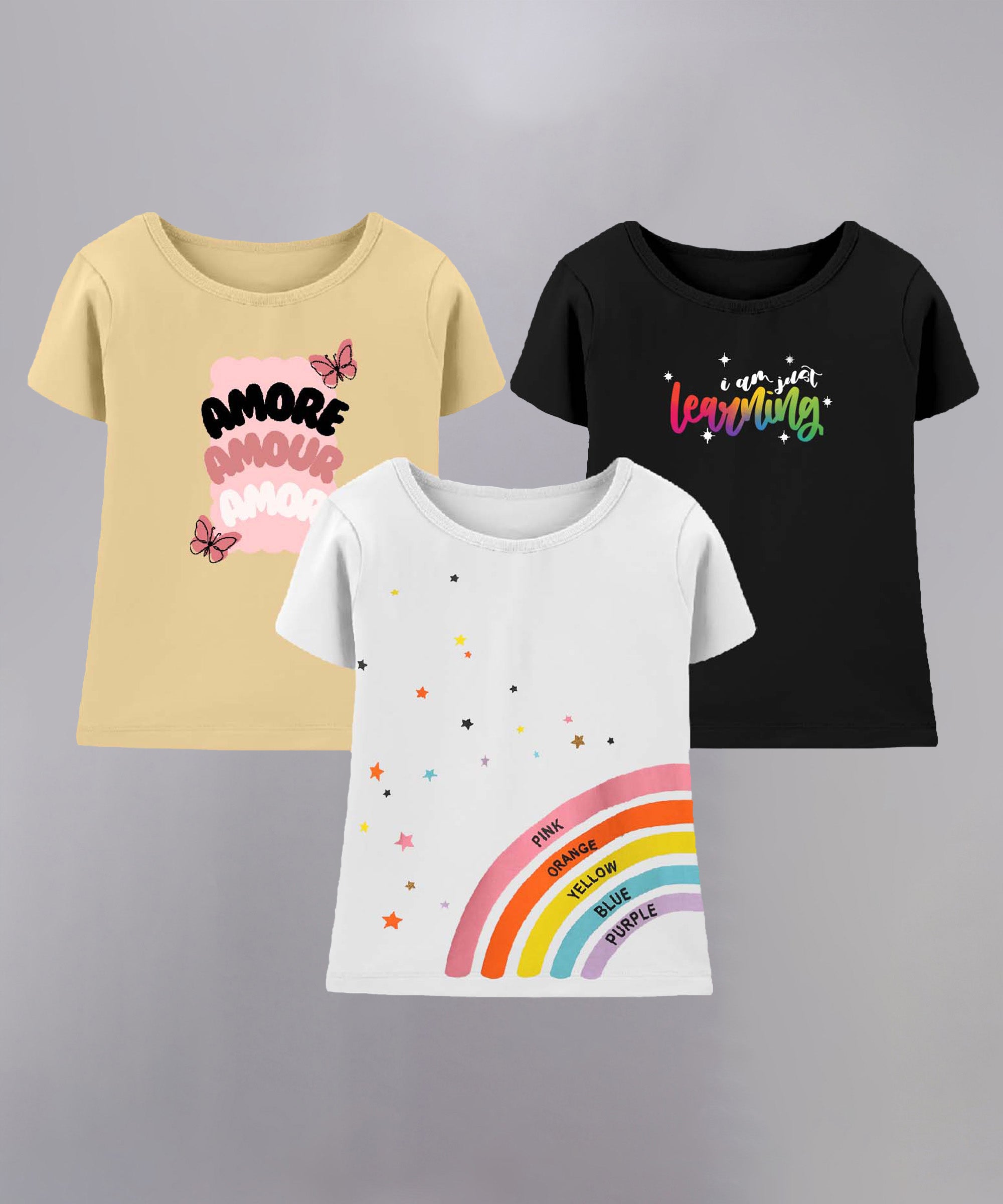 Girls Regular Fit Printed T-Shirts (Pack of 3)