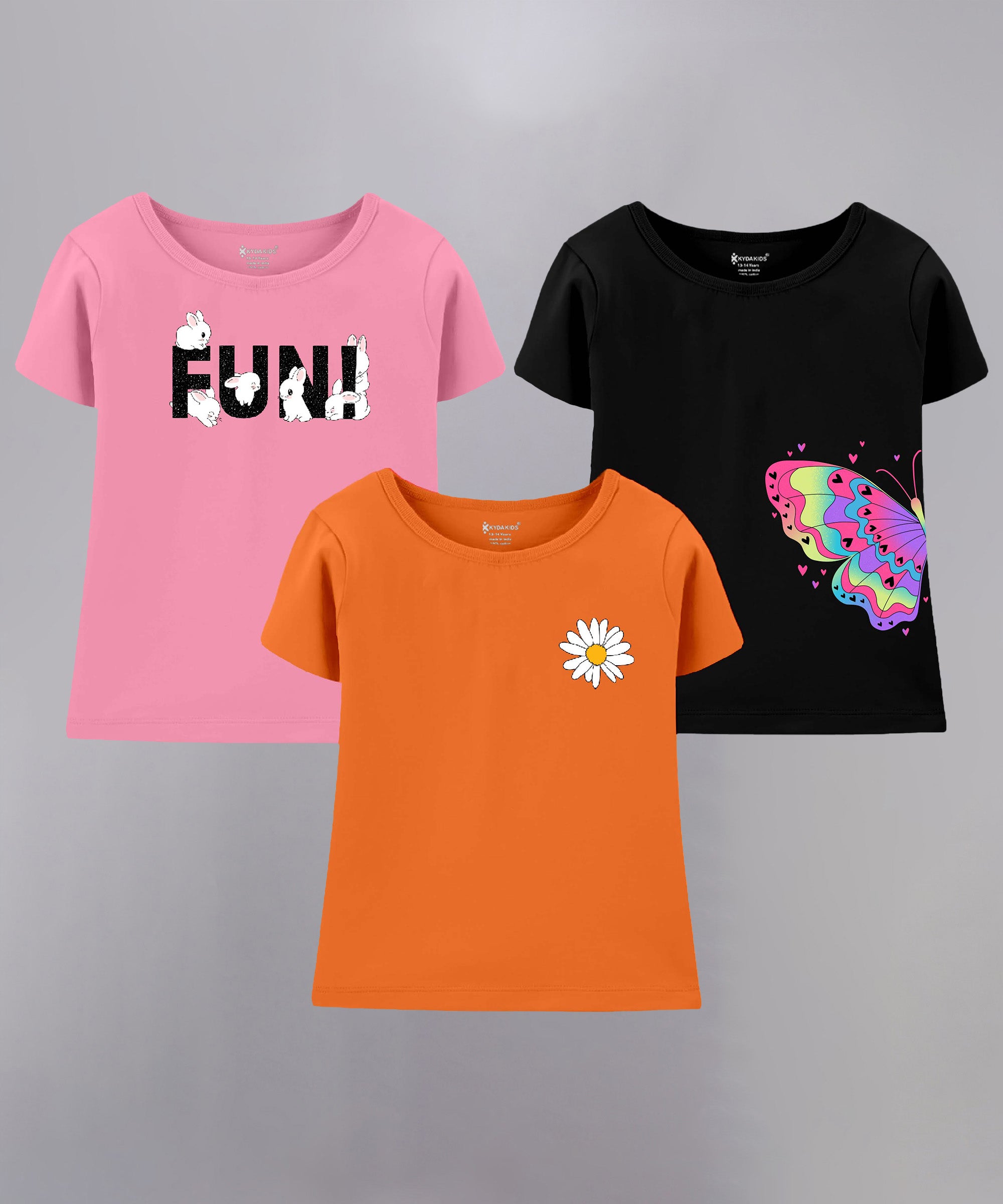 Girls Regular Fit Printed T-Shirts (Pack of 3)