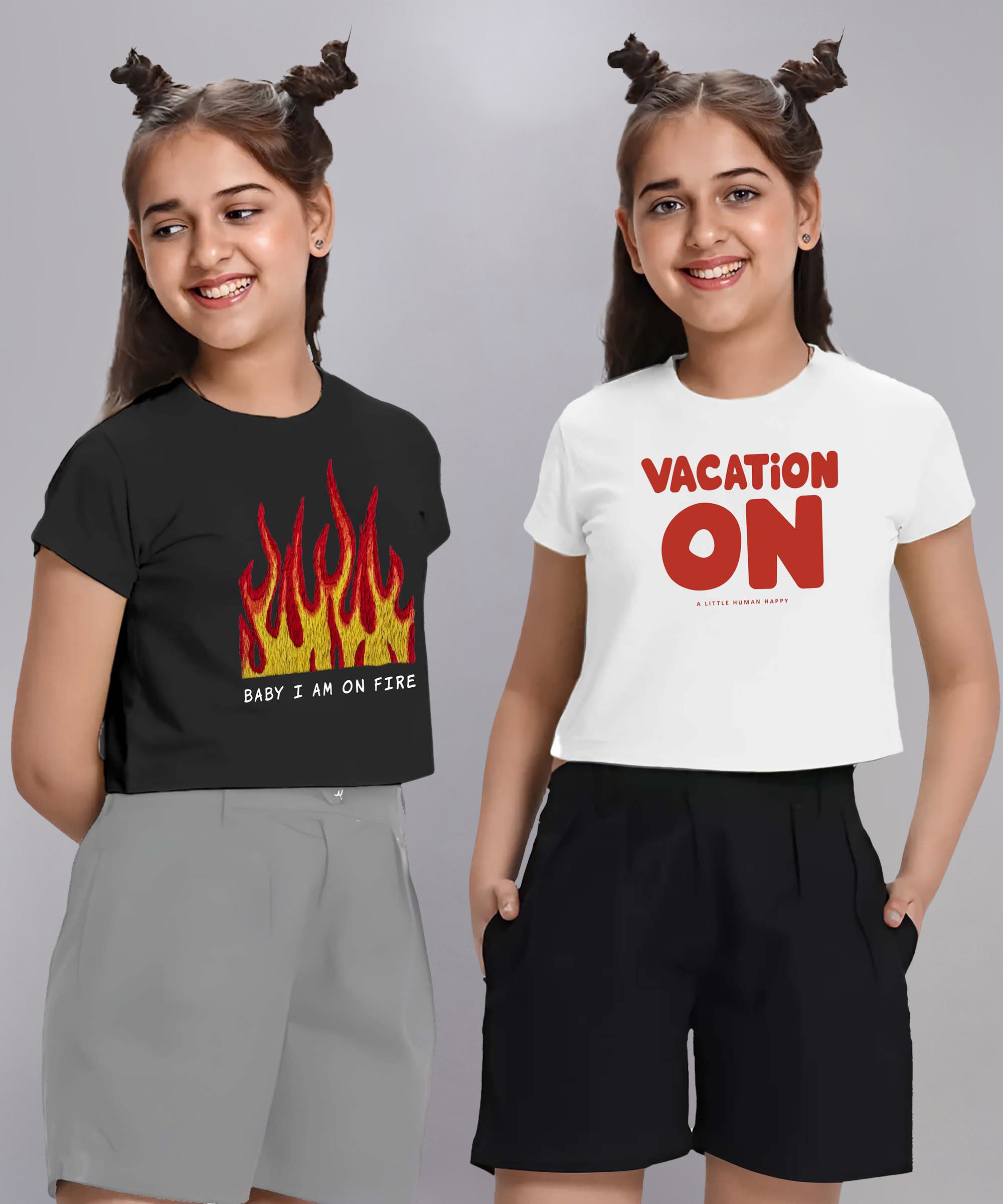 Girls  Cotton Crop top-Printed Half Sleeve Stylish T-shirt- Combo 4