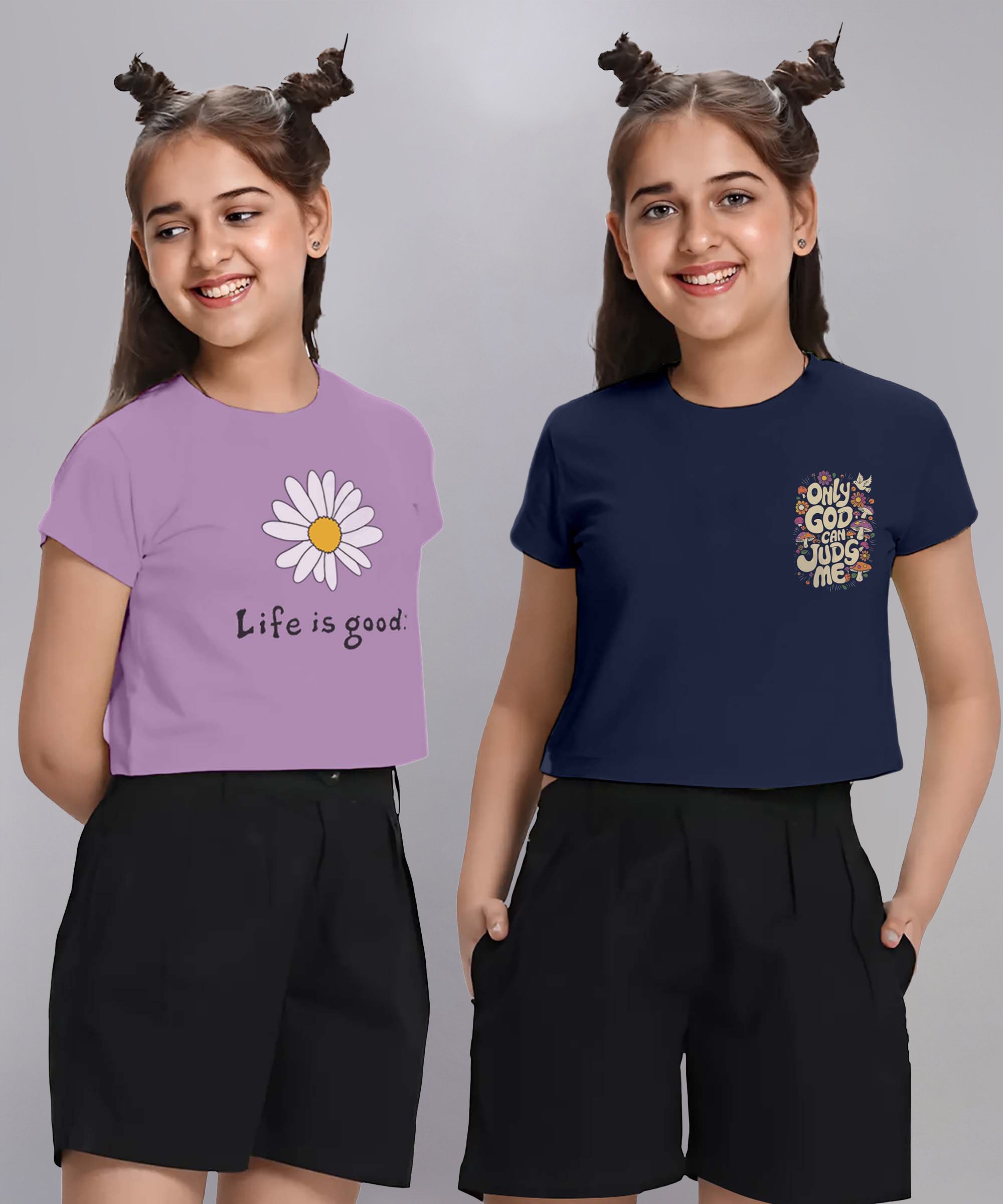 Girls  Cotton Crop top-Printed Half Sleeve Stylish T-shirt- Combo 1