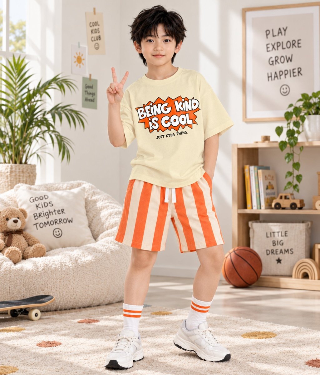 Boys Pure Cotton Printed Oversized T-Shirt Striped Shorts Clothing Set - KYDA ONLINE STORE
