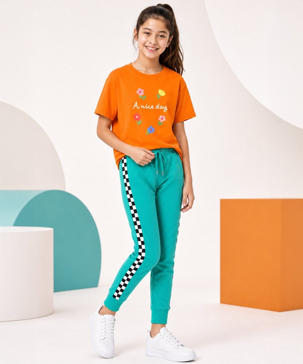 Girls Printed T-Shirt & Jogger Set – Orange & Teal Green - KYDA ONLINE STORE