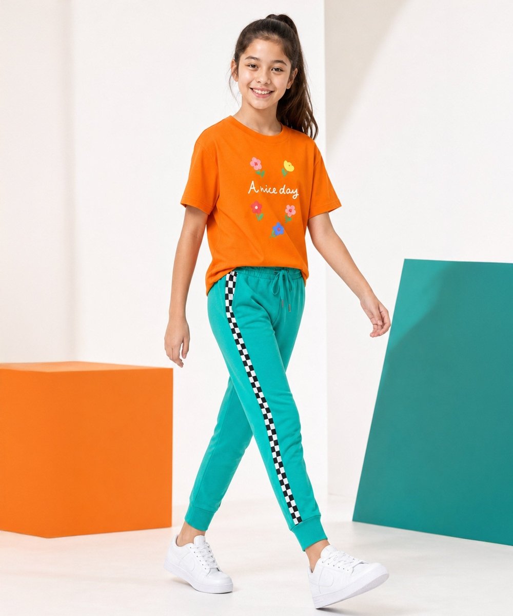 Girls Printed T-Shirt & Jogger Set – Orange & Teal Green - KYDA ONLINE STORE