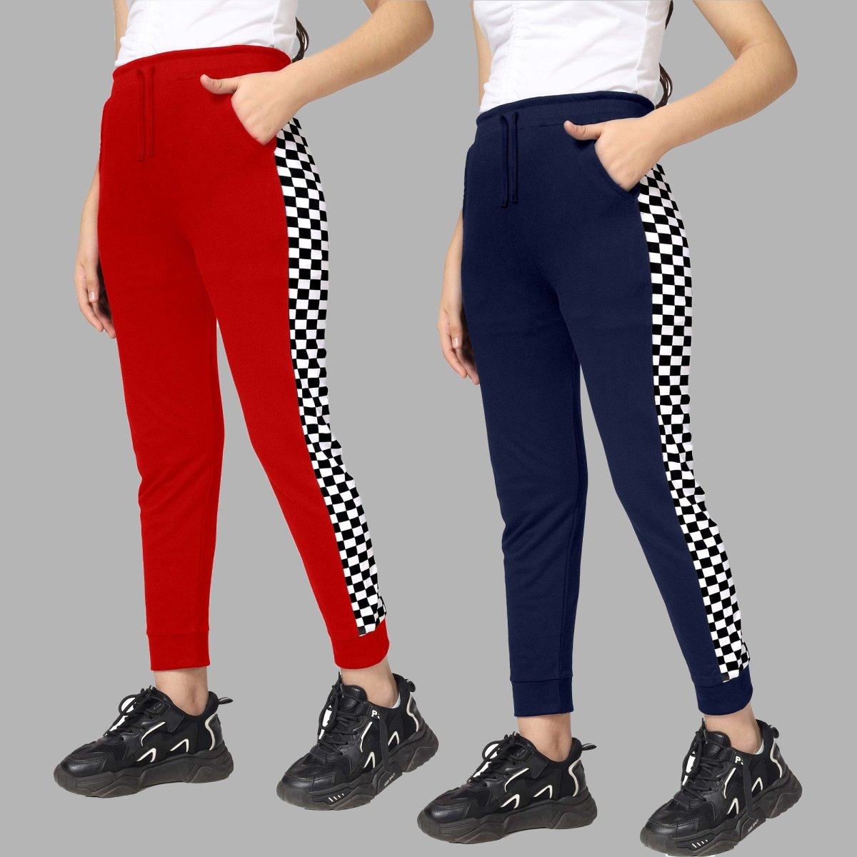 Girls Checkered Side-Stripe Track Pants | Pack of 2 - KYDA ONLINE STORE