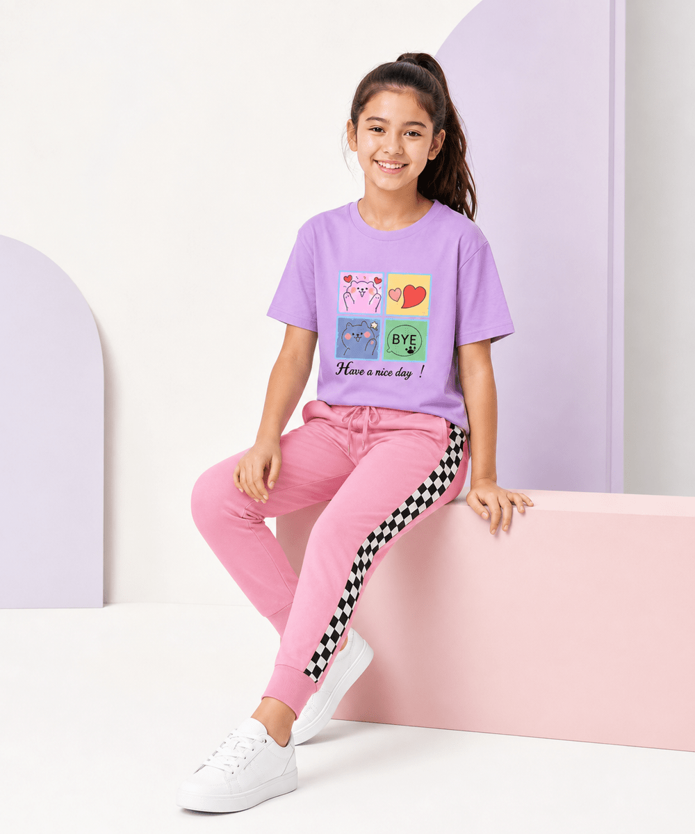 Girls Printed T-Shirt & Jogger Set – Lavender & Pink - KYDA ONLINE STORE