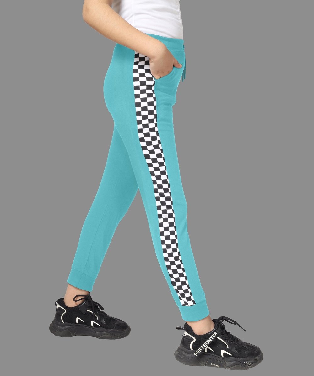 Girls Checkered Side-Stripe Track Pants - SkyBlue - KYDA ONLINE STORE