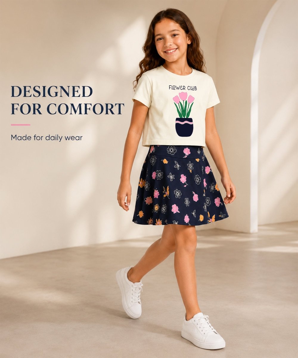 Girls Cotton Printed T-Shirt Skirt Clothing Set - KYDA ONLINE STORE