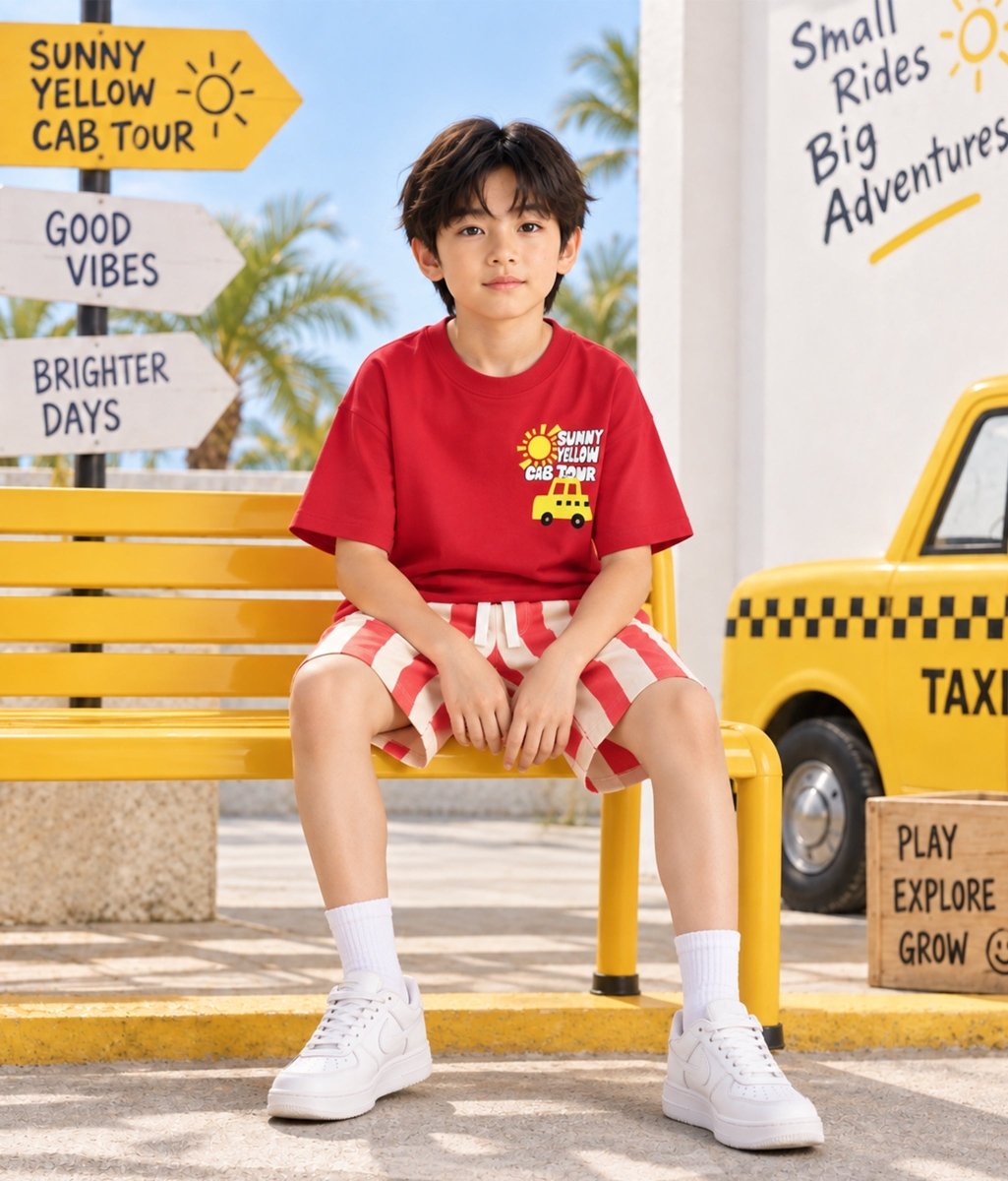 Boys Pure Cotton Printed Oversized T-Shirt Striped Shorts Clothing Set - KYDA ONLINE STORE