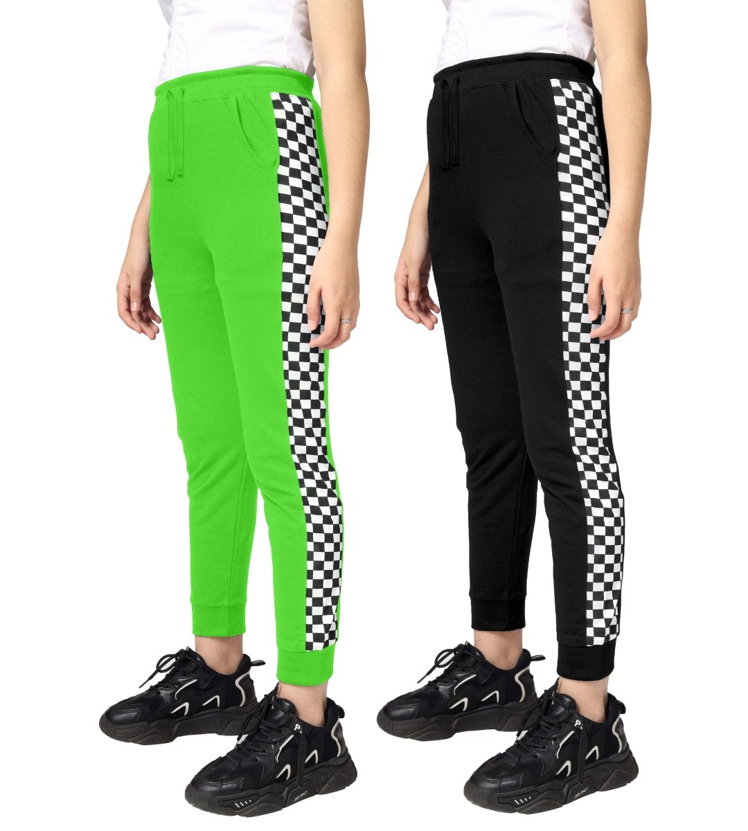 Girls Checkered Side-Stripe Track Pants | Pack of 2 - KYDA ONLINE STORE