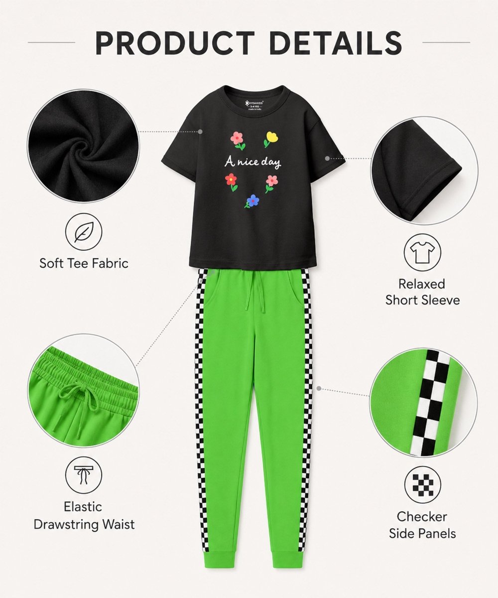 Girls Printed T-Shirt & Jogger Set – Black & Green - KYDA ONLINE STORE