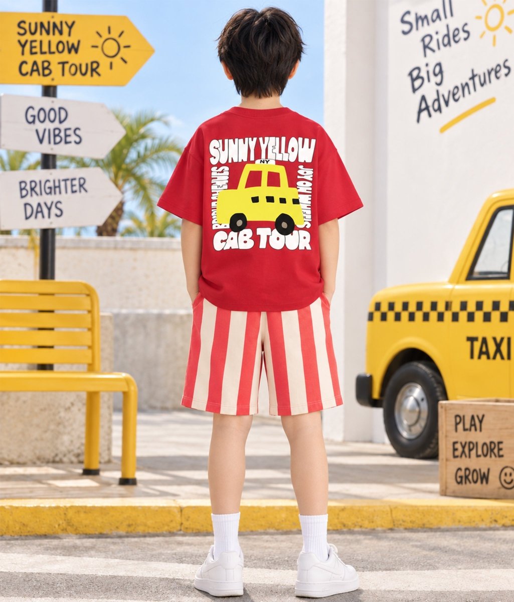 Boys Pure Cotton Printed Oversized T-Shirt Striped Shorts Clothing Set - KYDA ONLINE STORE