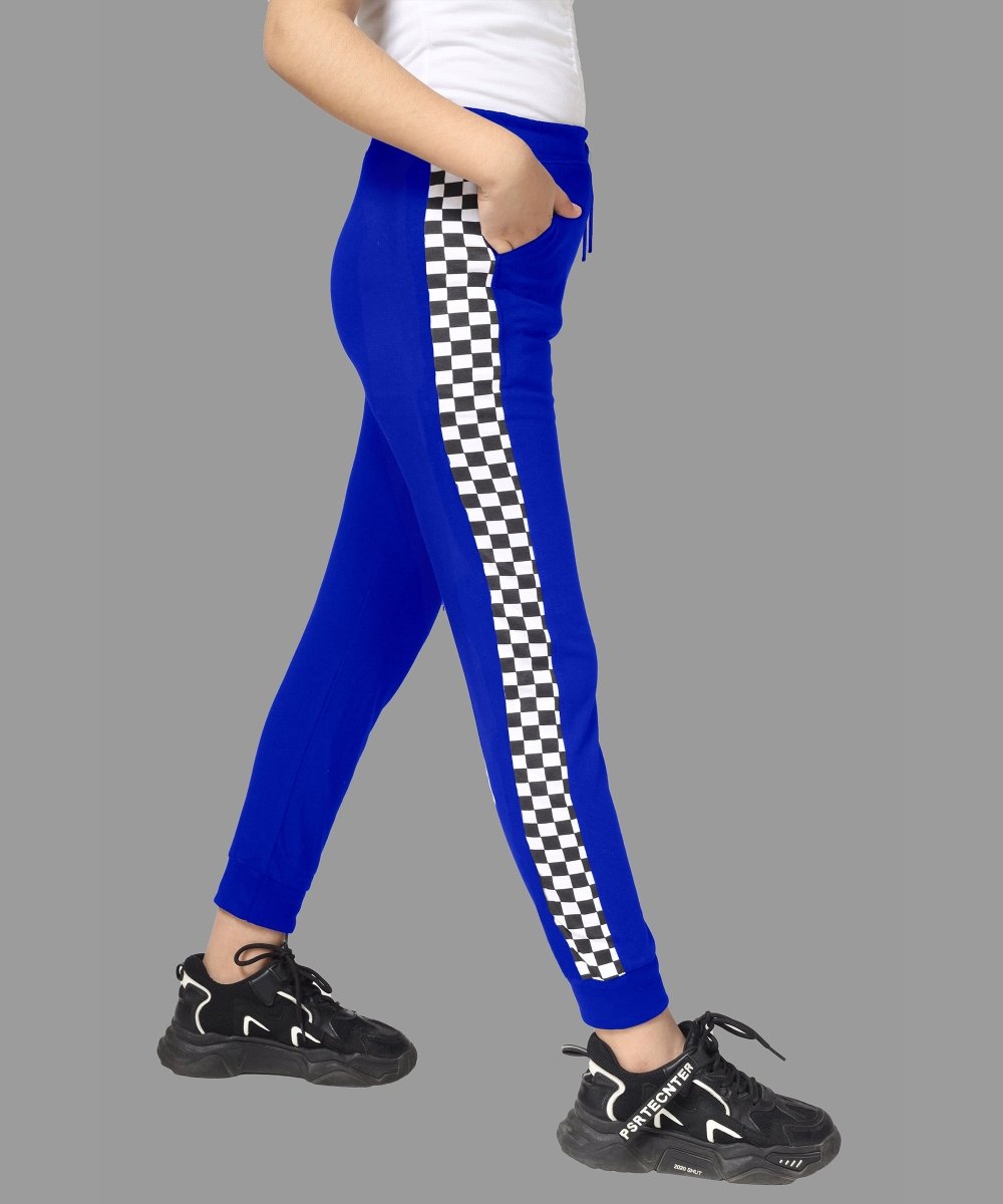 Girls Checkered Side-Stripe Track Pants - Blue - KYDA ONLINE STORE