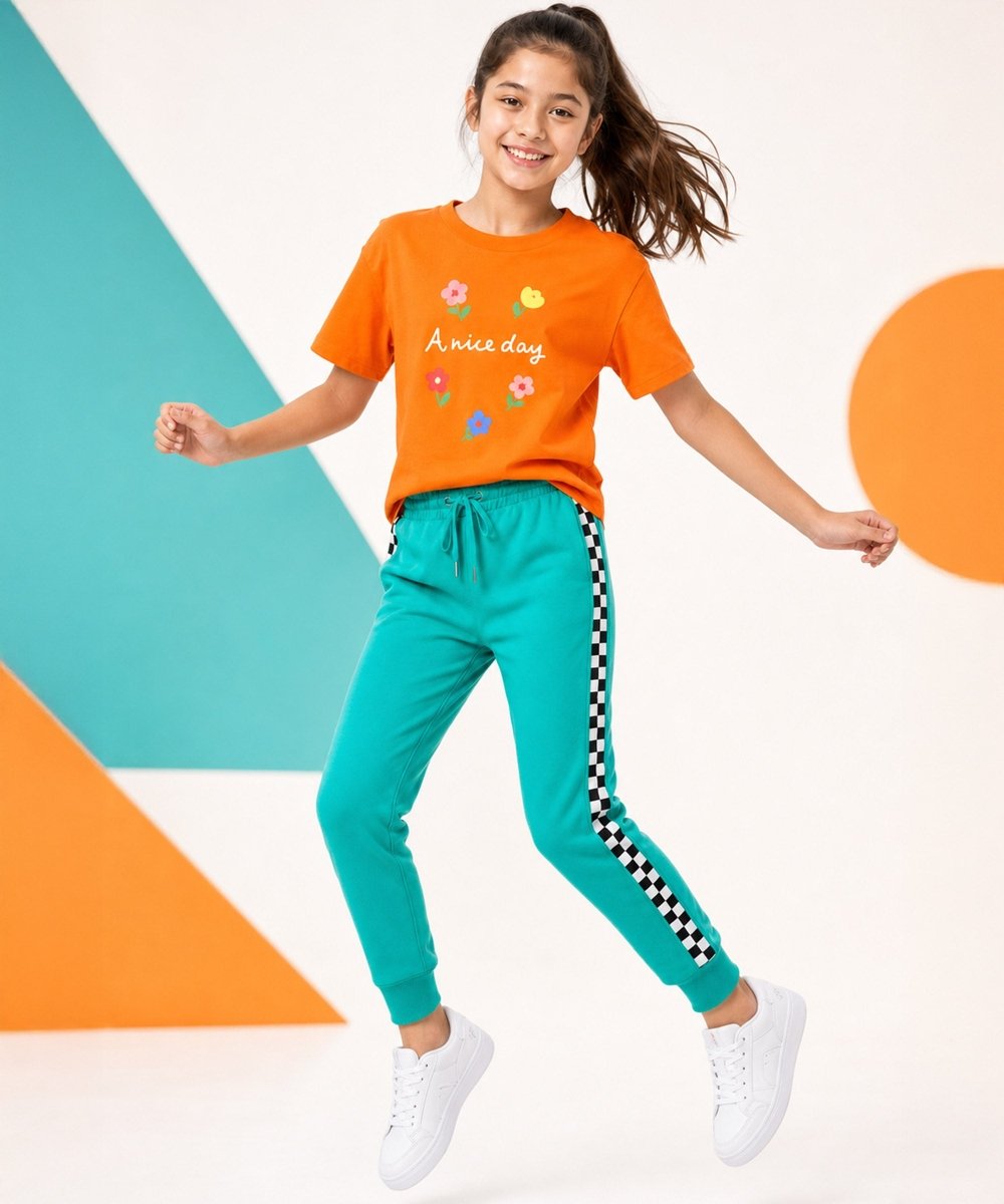 Girls Printed T-Shirt & Jogger Set – Orange & Teal Green - KYDA ONLINE STORE