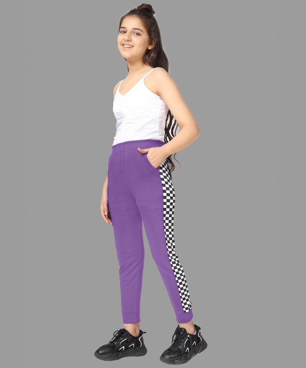 Girls Checkered Side-Stripe Track Pants - Purple - KYDA ONLINE STORE