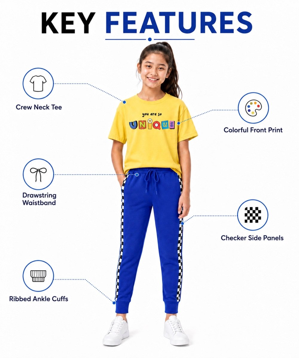 Girls Printed T-Shirt & Jogger Set – Yellow & Royal Blue - KYDA ONLINE STORE