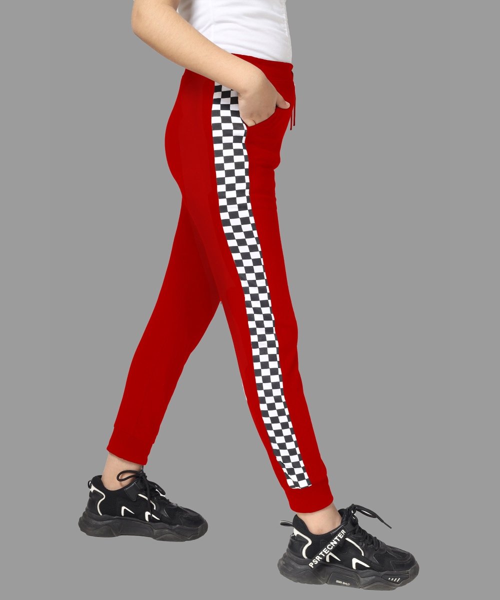 Girls Checkered Side-Stripe Track Pants - Red - KYDA ONLINE STORE