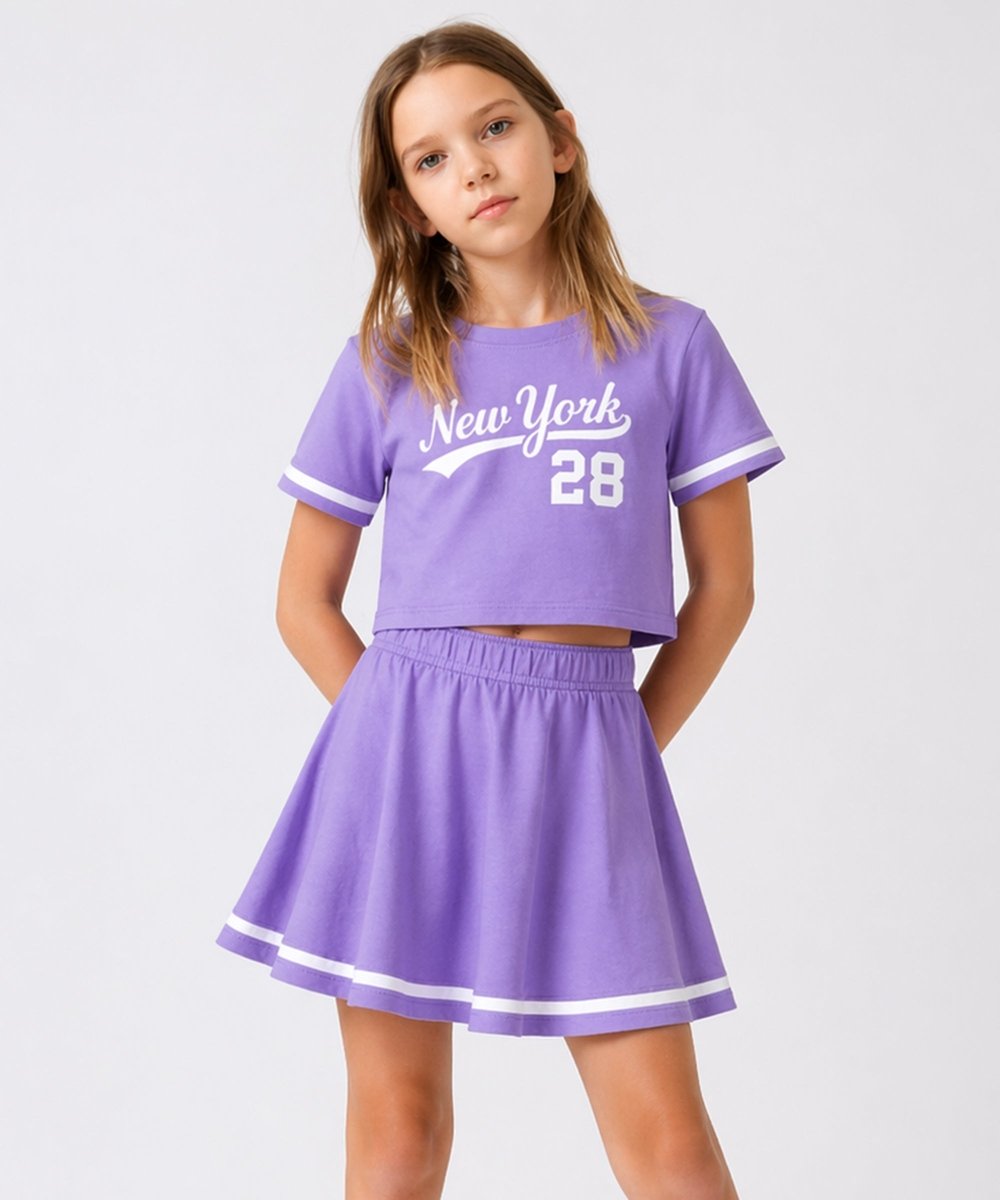 Girls Cotton Printed T-Shirt Flared Skirt With Inner Shorts Coord Set - KYDA ONLINE STORE