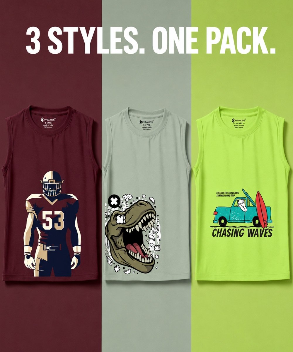 Boys Printed Vest | Loose Fit | Pack of 3 - KYDA ONLINE STORE