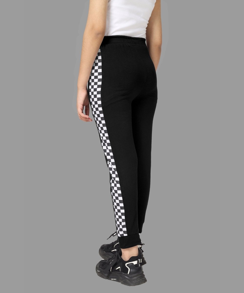 Girls Checkered Side-Stripe Track Pants - Black - KYDA ONLINE STORE