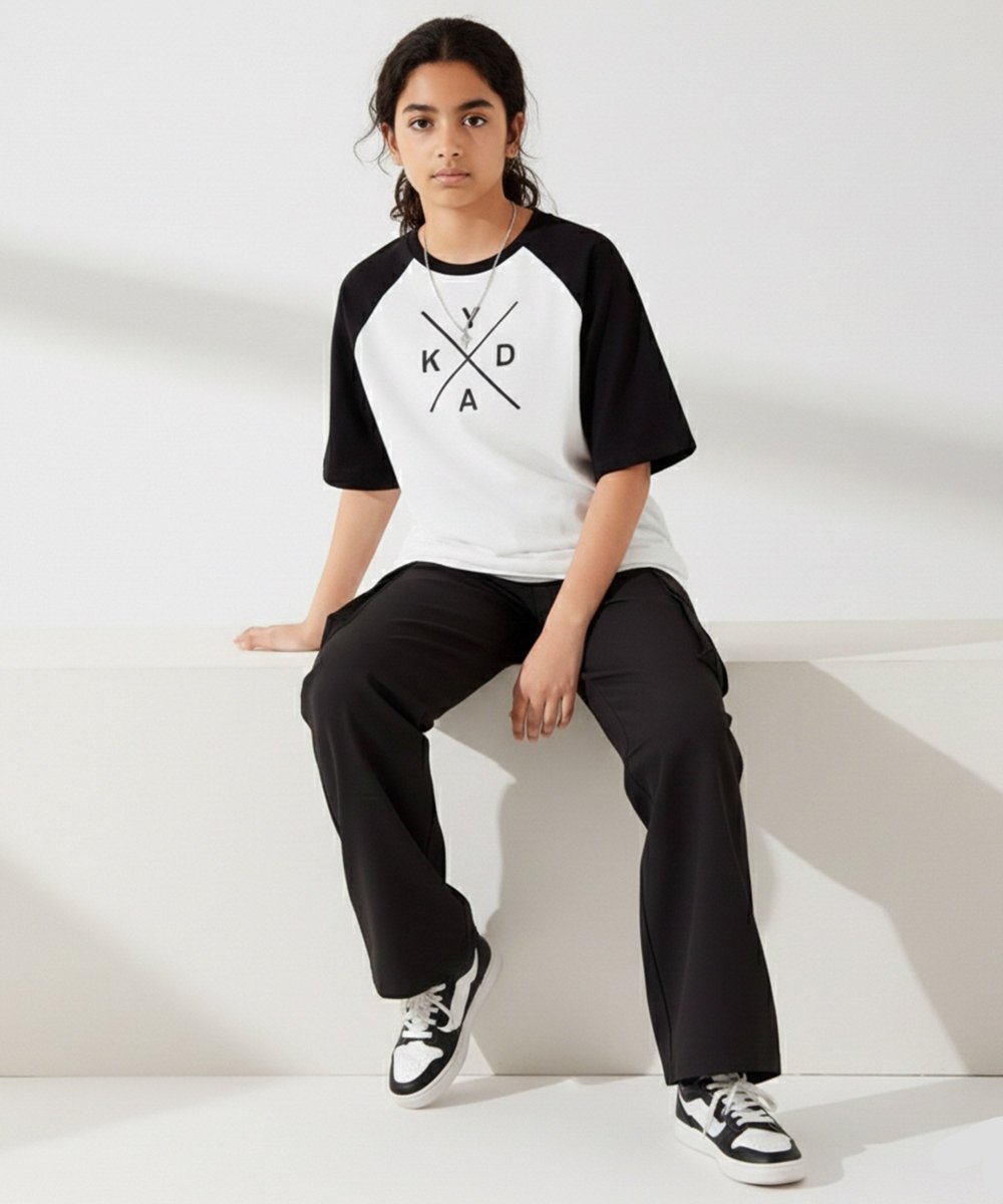 Girls Raglan Sleeve T-Shirt – Black & White - KYDA ONLINE STORE