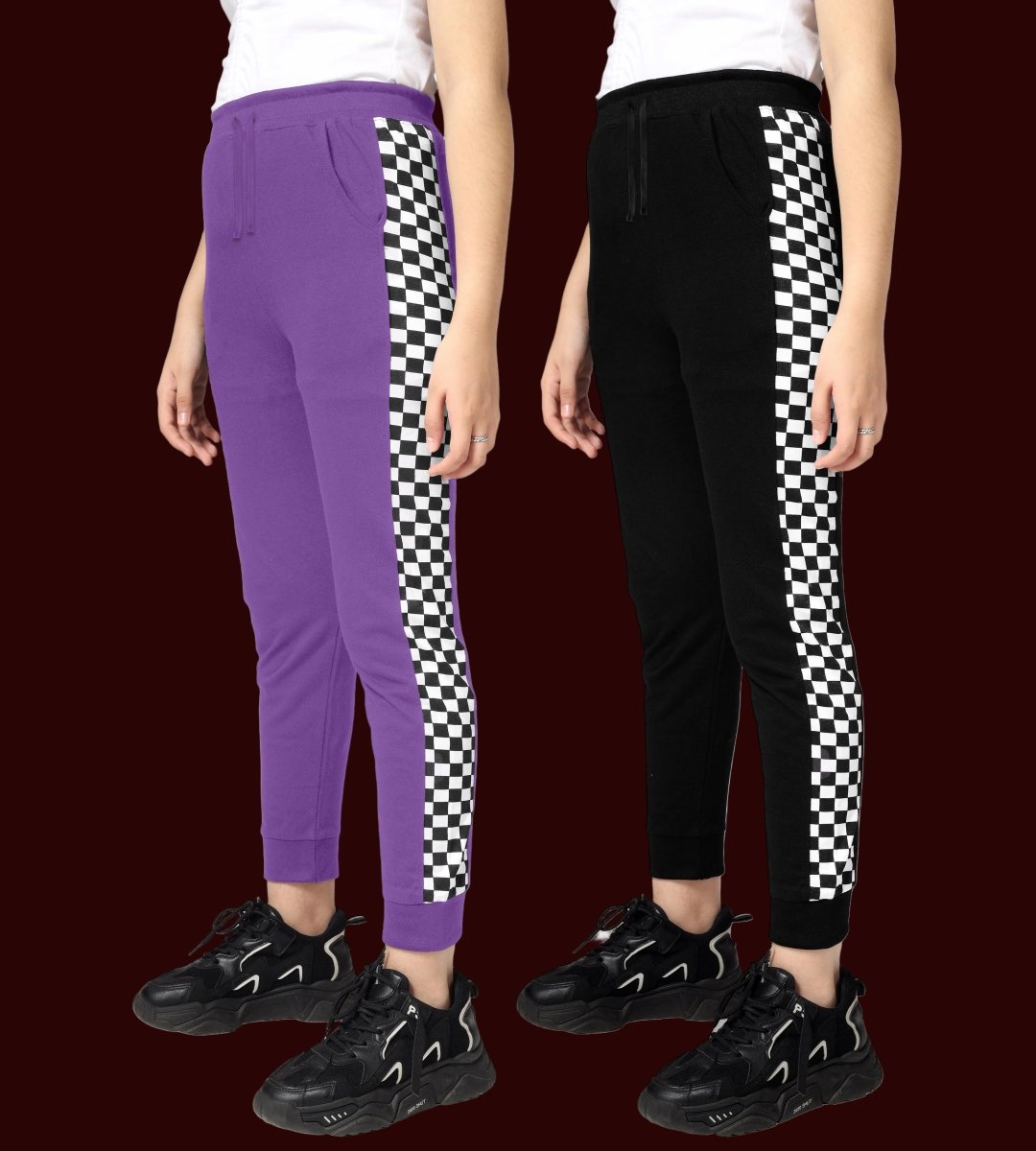 Girls Checkered Side-Stripe Track Pants | Pack of 2 - KYDA ONLINE STORE