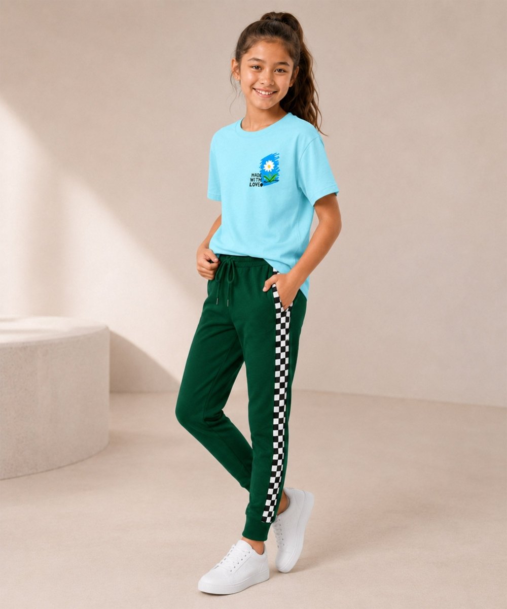 Girls Printed T-Shirt & Jogger Set – Sky Blue&Bottle Green - KYDA ONLINE STORE