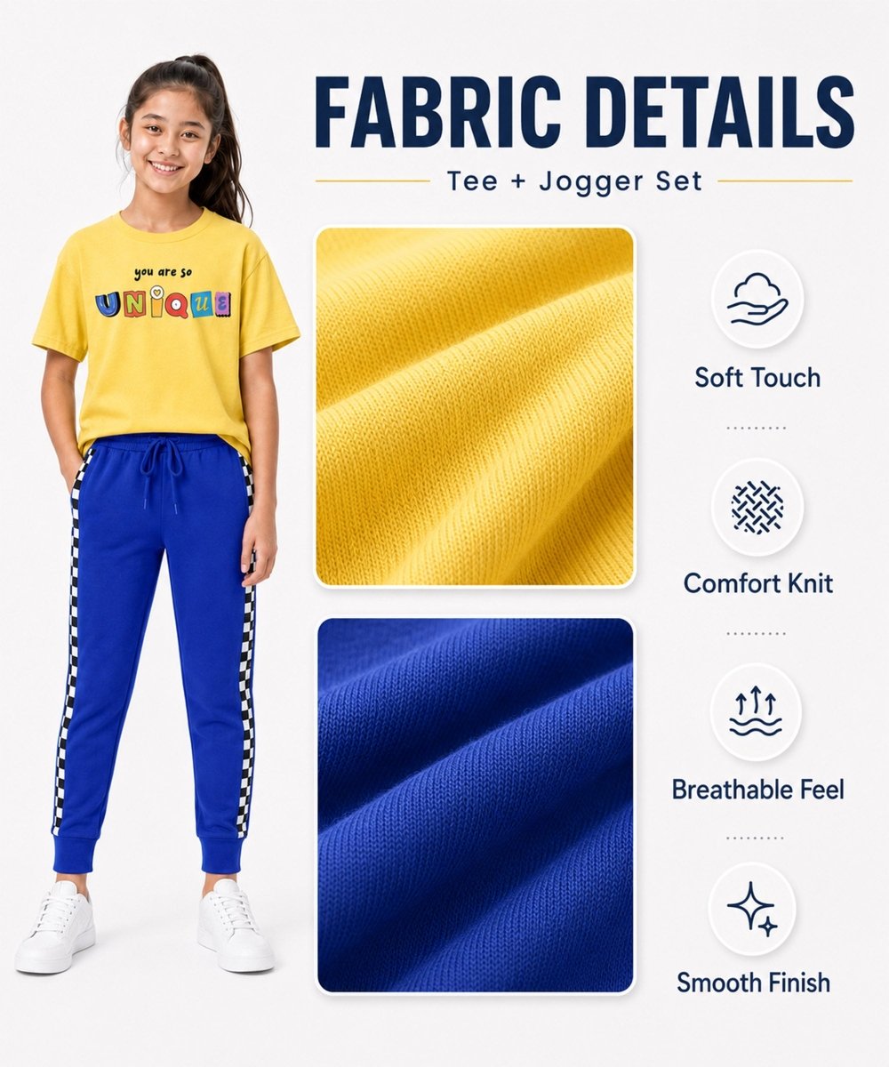 Girls Printed T-Shirt & Jogger Set – Yellow & Royal Blue - KYDA ONLINE STORE