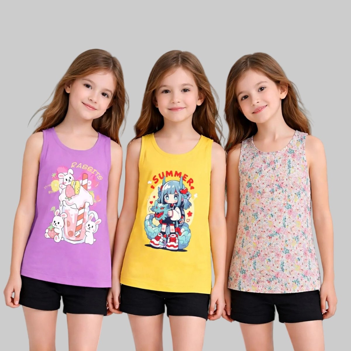 Girls Floral Printed Sleeveless Tees | Pack of 3 - KYDA ONLINE STORE