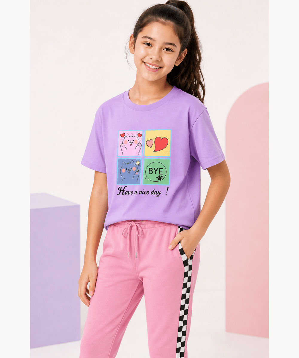 Girls Printed T-Shirt & Jogger Set – Lavender & Pink - KYDA ONLINE STORE