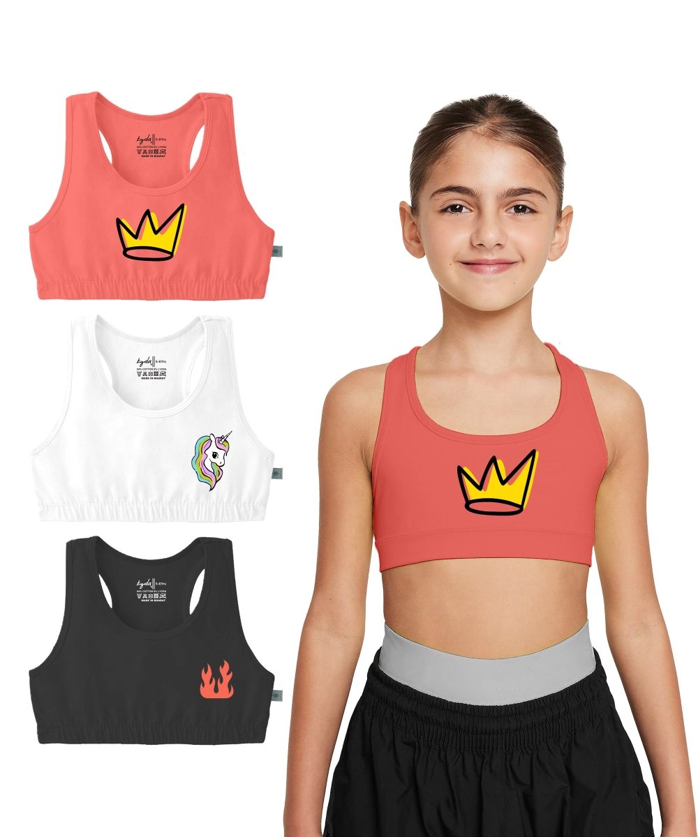 Girls Printed Sports Bra for Pre-Teens | Racerback | Pack of 3 - KYDA ONLINE STORE