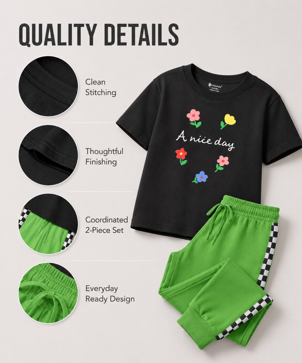 Girls Printed T-Shirt & Jogger Set – Black & Green - KYDA ONLINE STORE