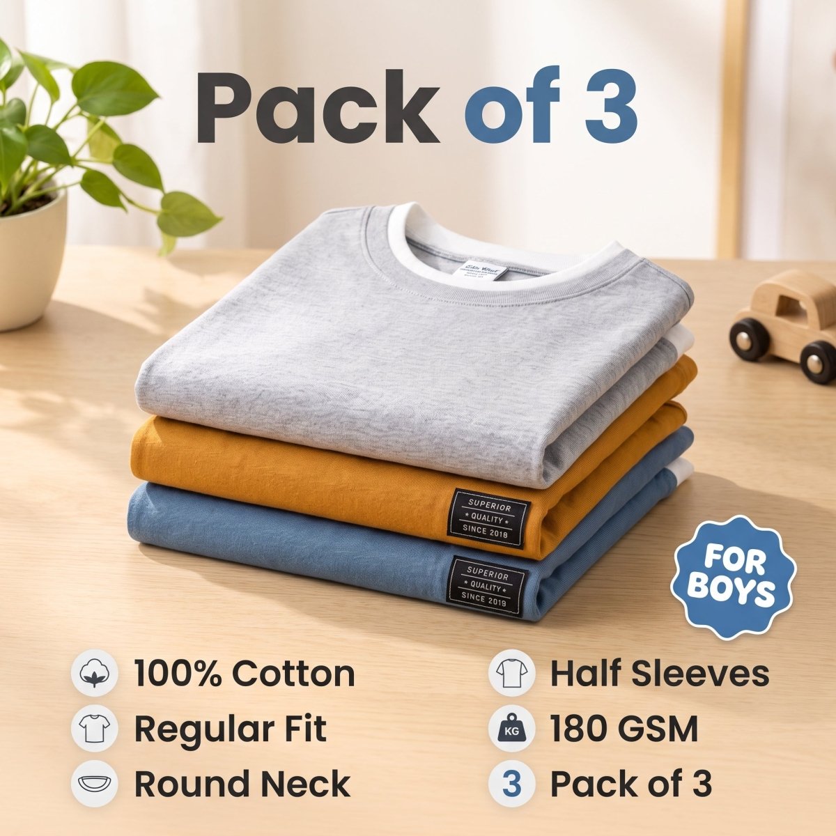Boys Premium Solid T-Shirts (Pack of 3) - KYDA ONLINE STORE