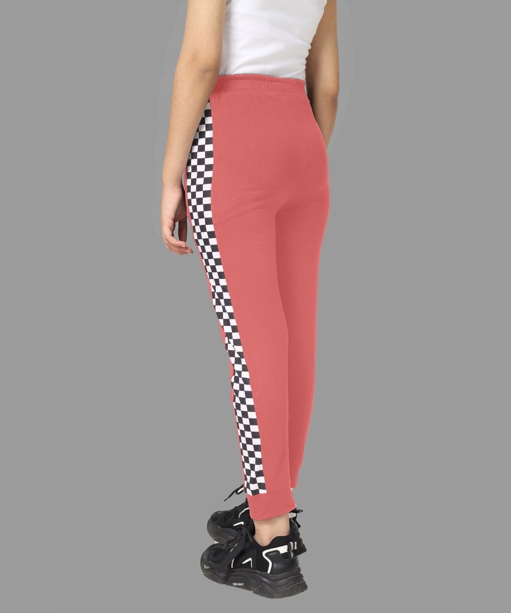 Girls Checkered Side-Stripe Track Pants - Coral - KYDA ONLINE STORE