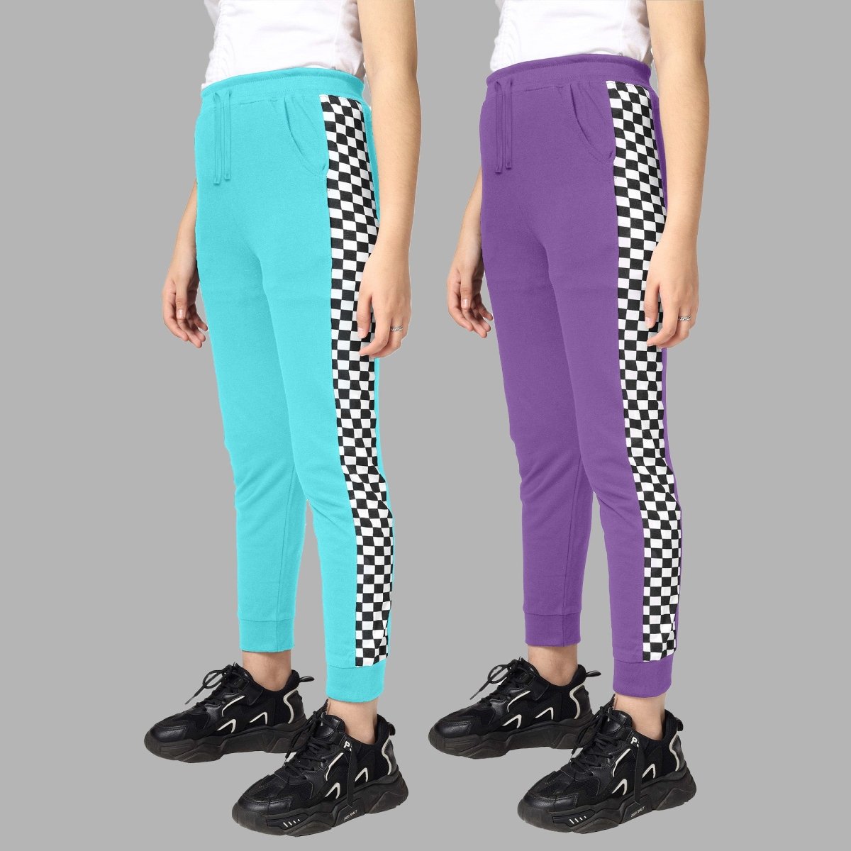 Girls Checkered Side-Stripe Track Pants | Pack of 2 - KYDA ONLINE STORE