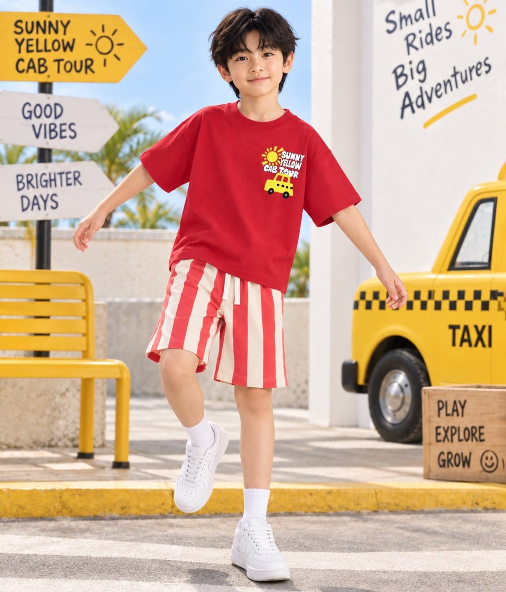 Boys Pure Cotton Printed Oversized T-Shirt Striped Shorts Clothing Set - KYDA ONLINE STORE