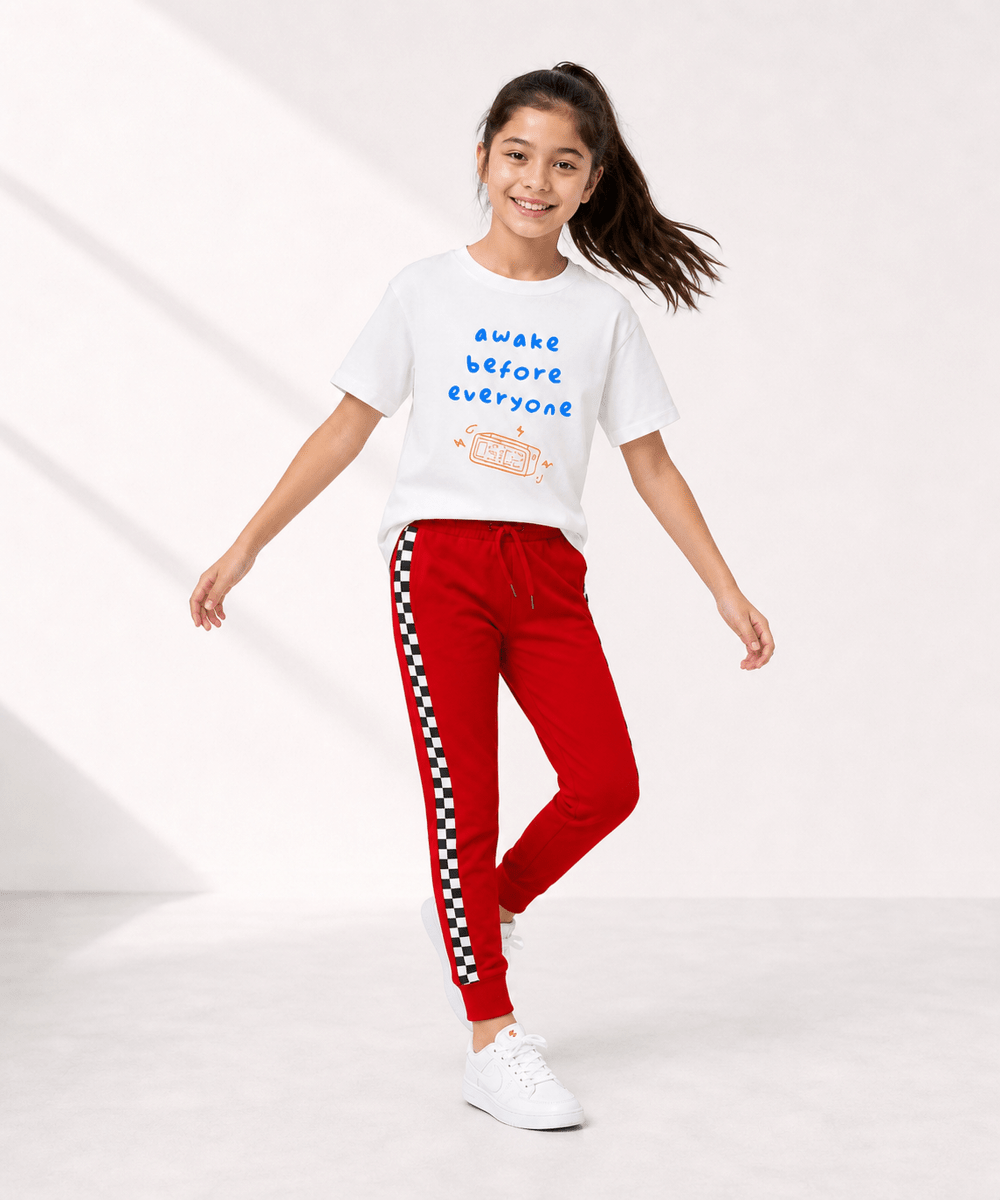 Girls Printed T-Shirt & Jogger Set – White & Red - KYDA ONLINE STORE