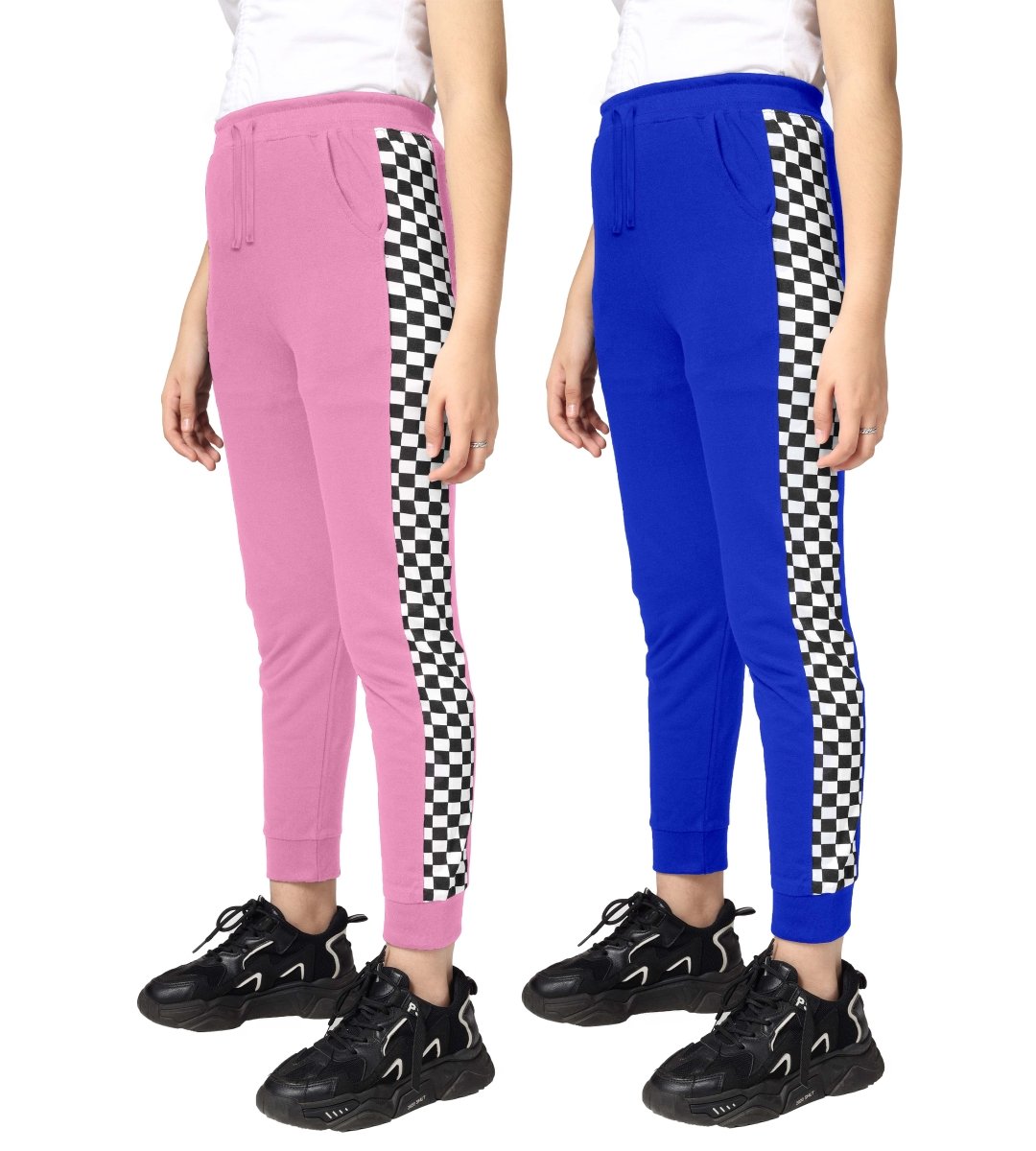 Girls Checkered Side-Stripe Track Pants | Pack of 2 - KYDA ONLINE STORE