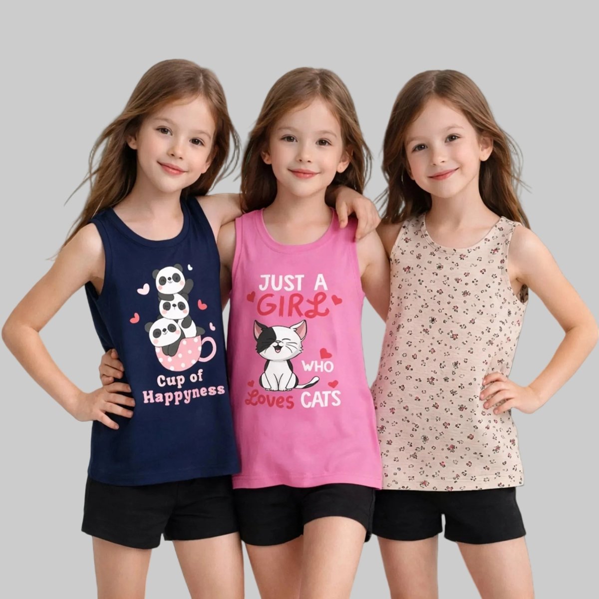 Girls Floral Printed Sleeveless Tees | Pack of 3 - KYDA ONLINE STORE